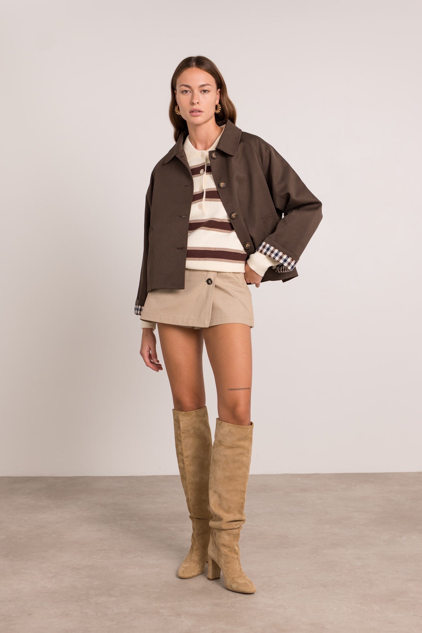Ivy check cuff chocolate brown short trench coat
