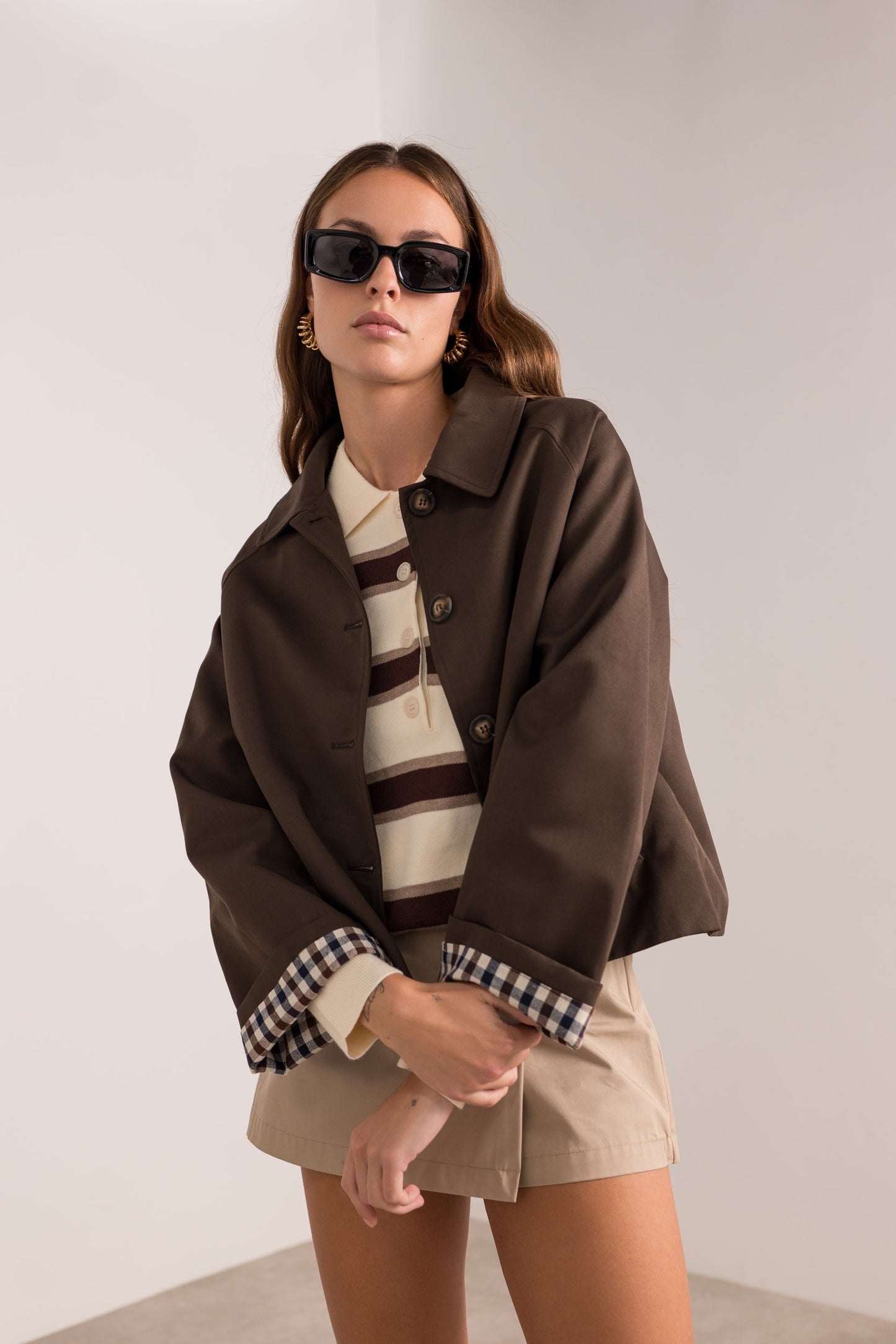 Ivy check cuff chocolate brown short trench coat
