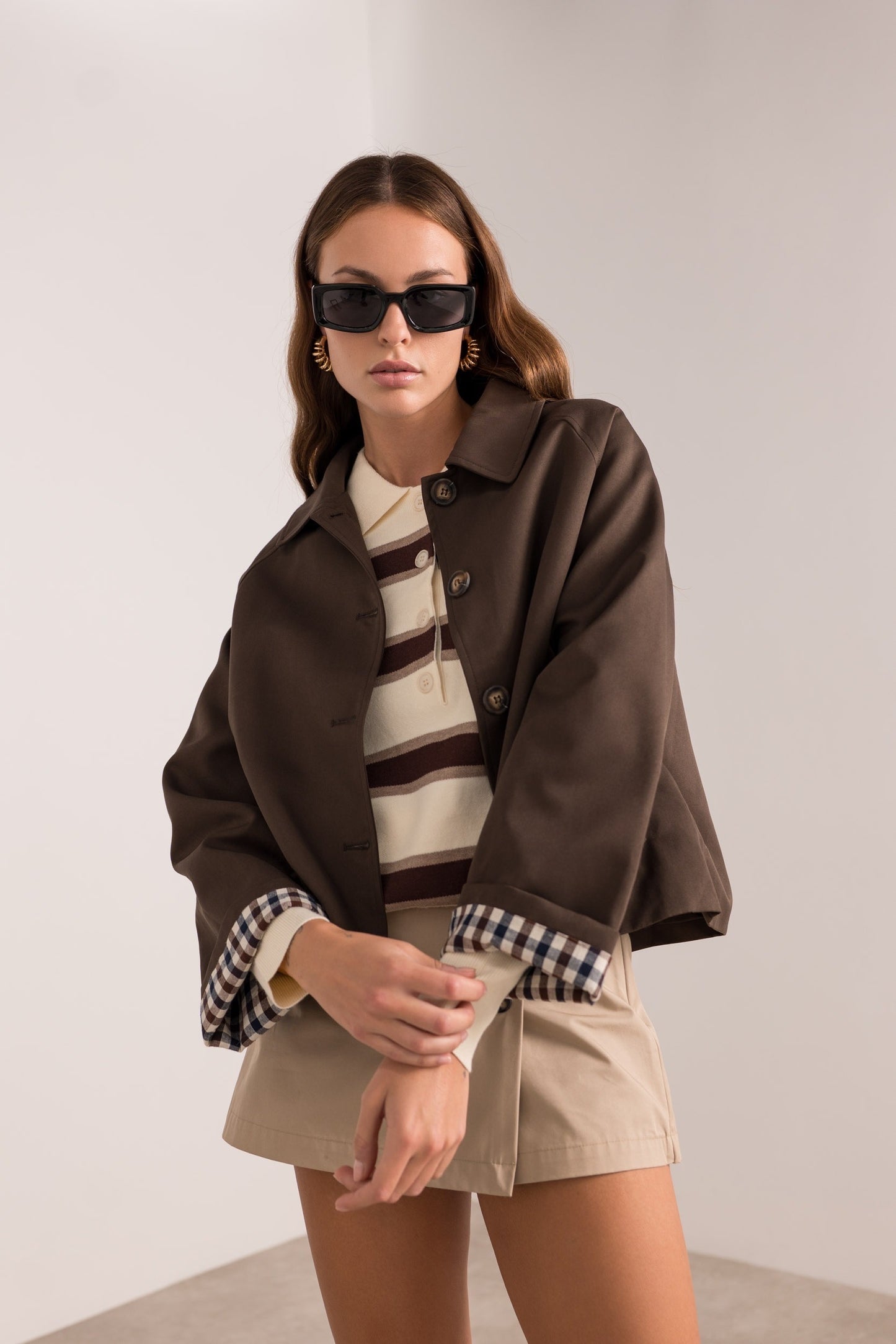 Ivy check cuff chocolate brown short trench coat