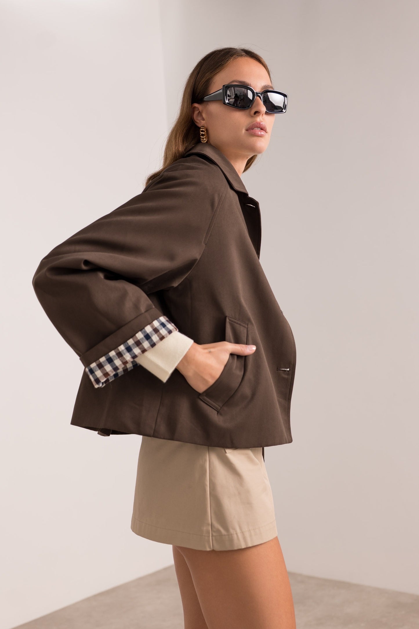 Ivy check cuff chocolate brown short trench coat