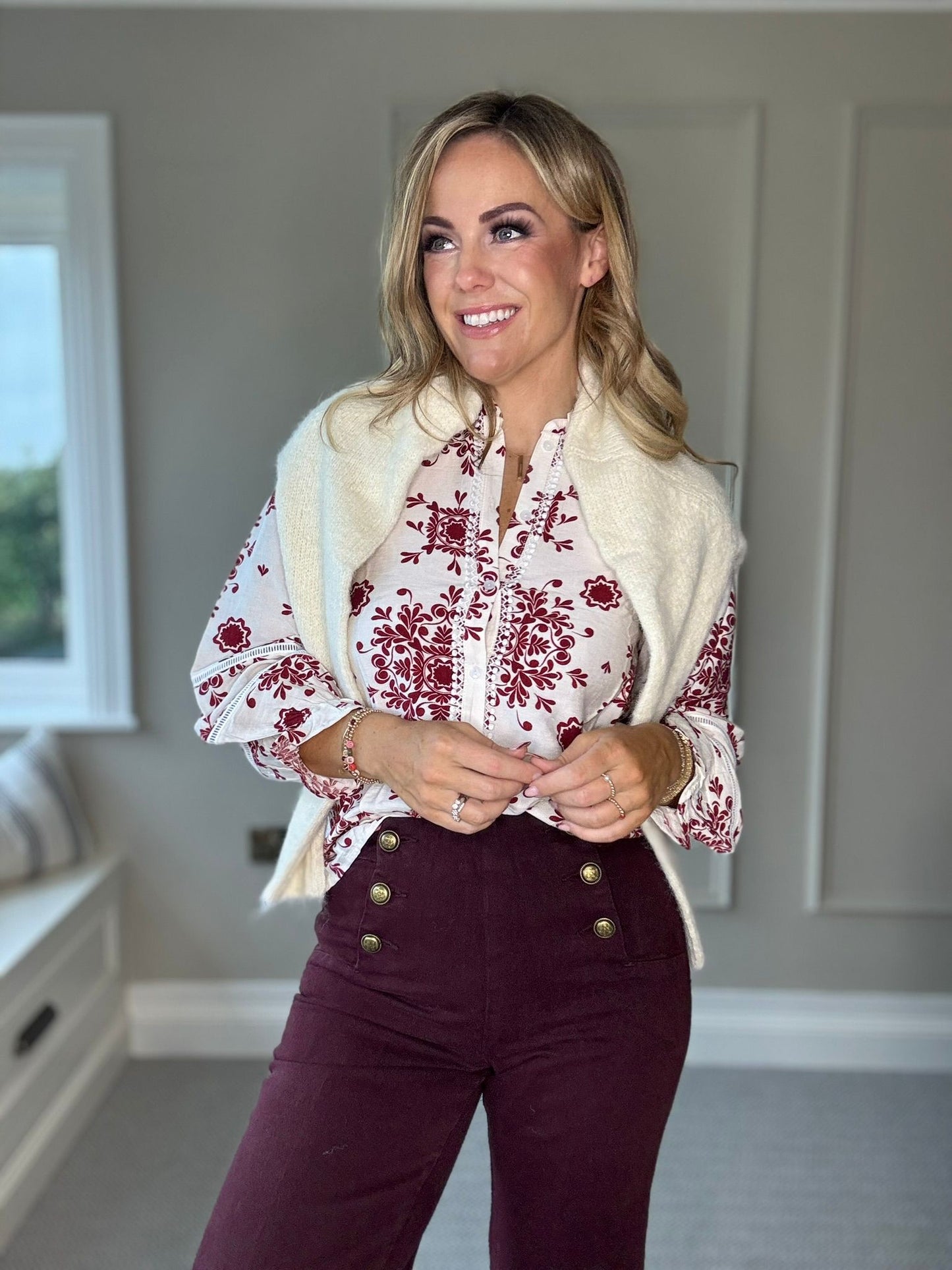 Victo Wide leg burgundy jeans with gold front buttons