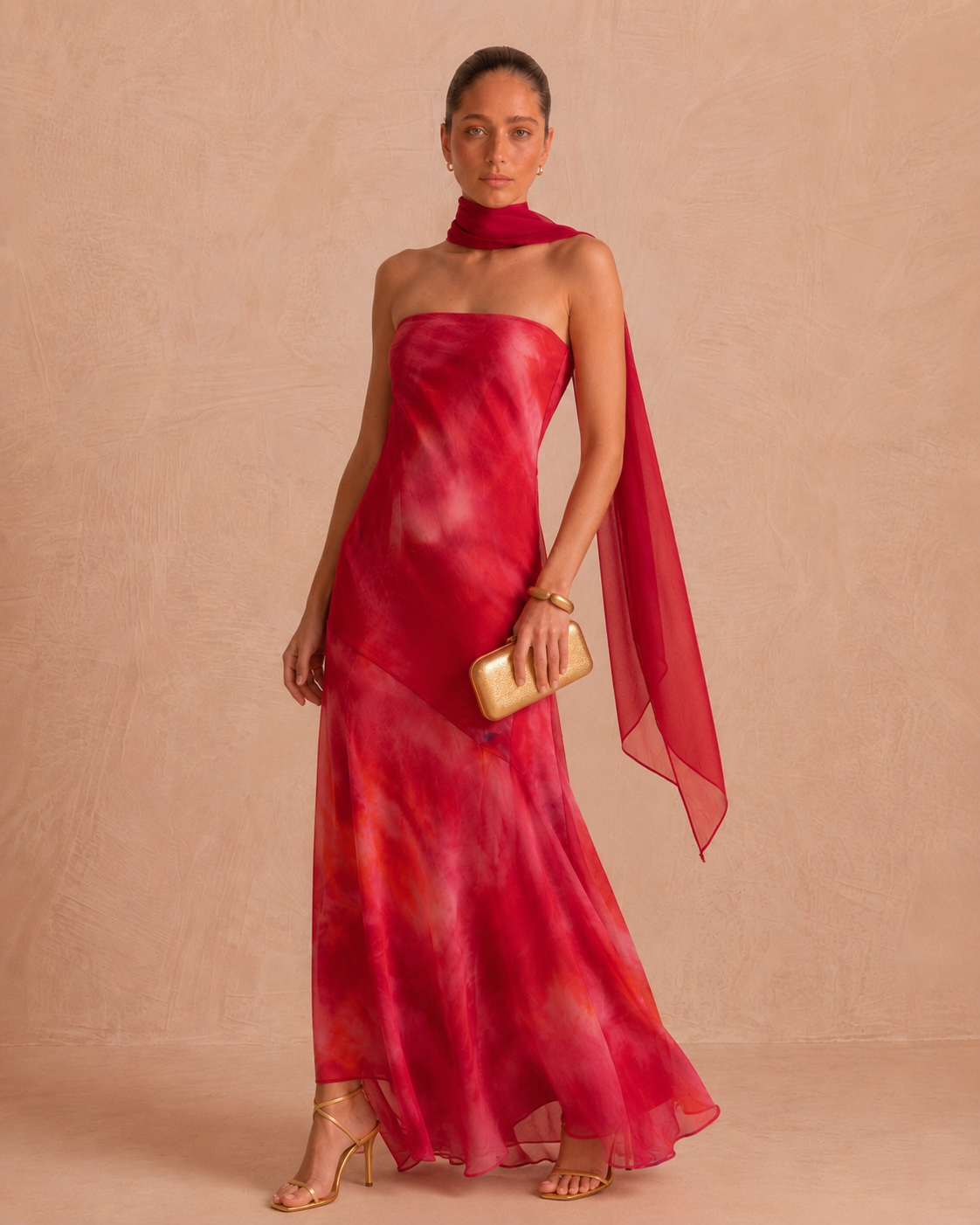 red strapless dress with neck scarf Eyyo Red Benedita Elegant Long Strapless Dress with Neck Scarf Detail ATE-3524- Trendyol