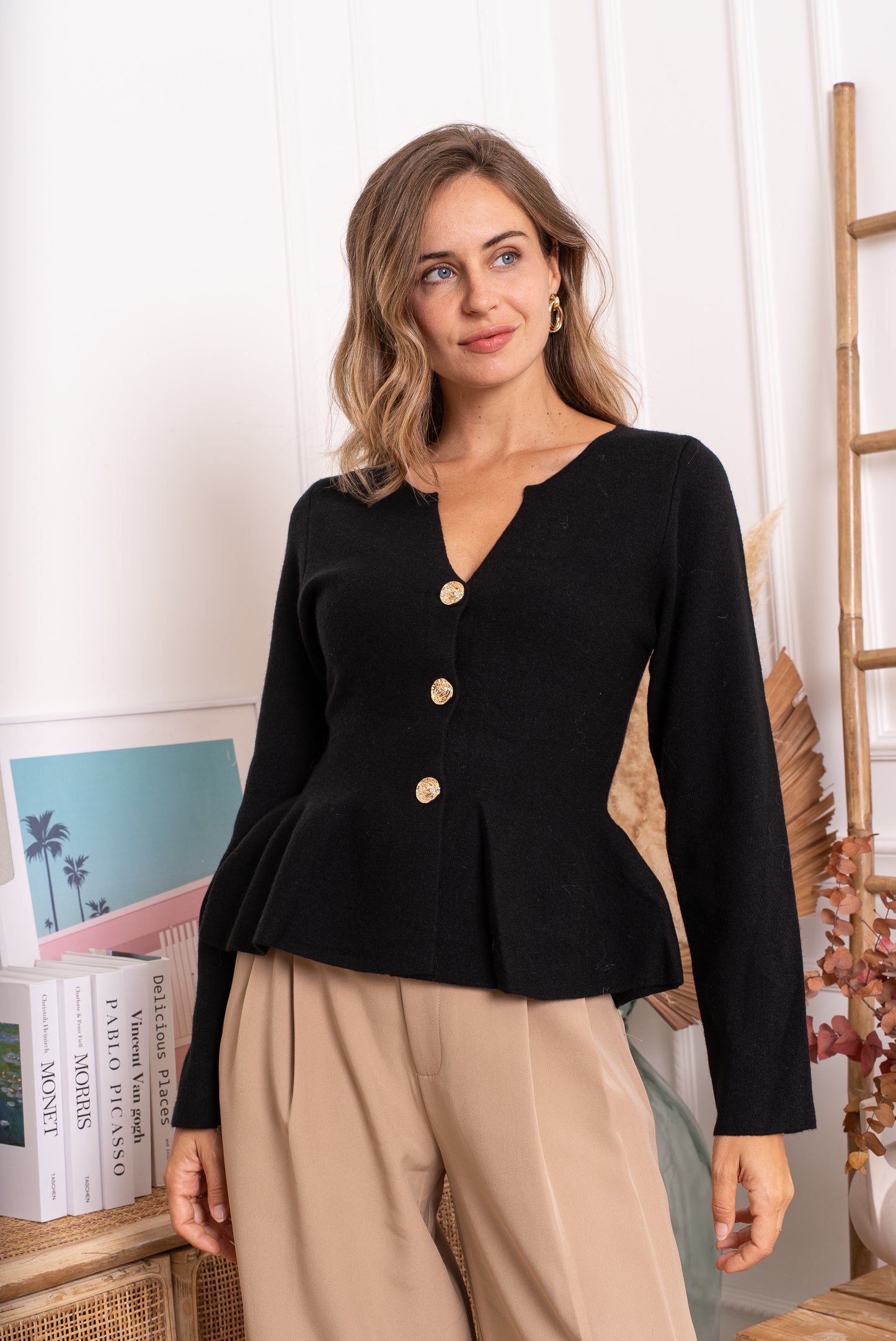 Melody black peplum gold button cardigan