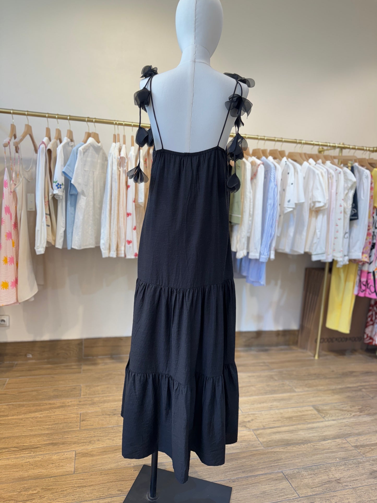 Ella black decorative floral strap dress
