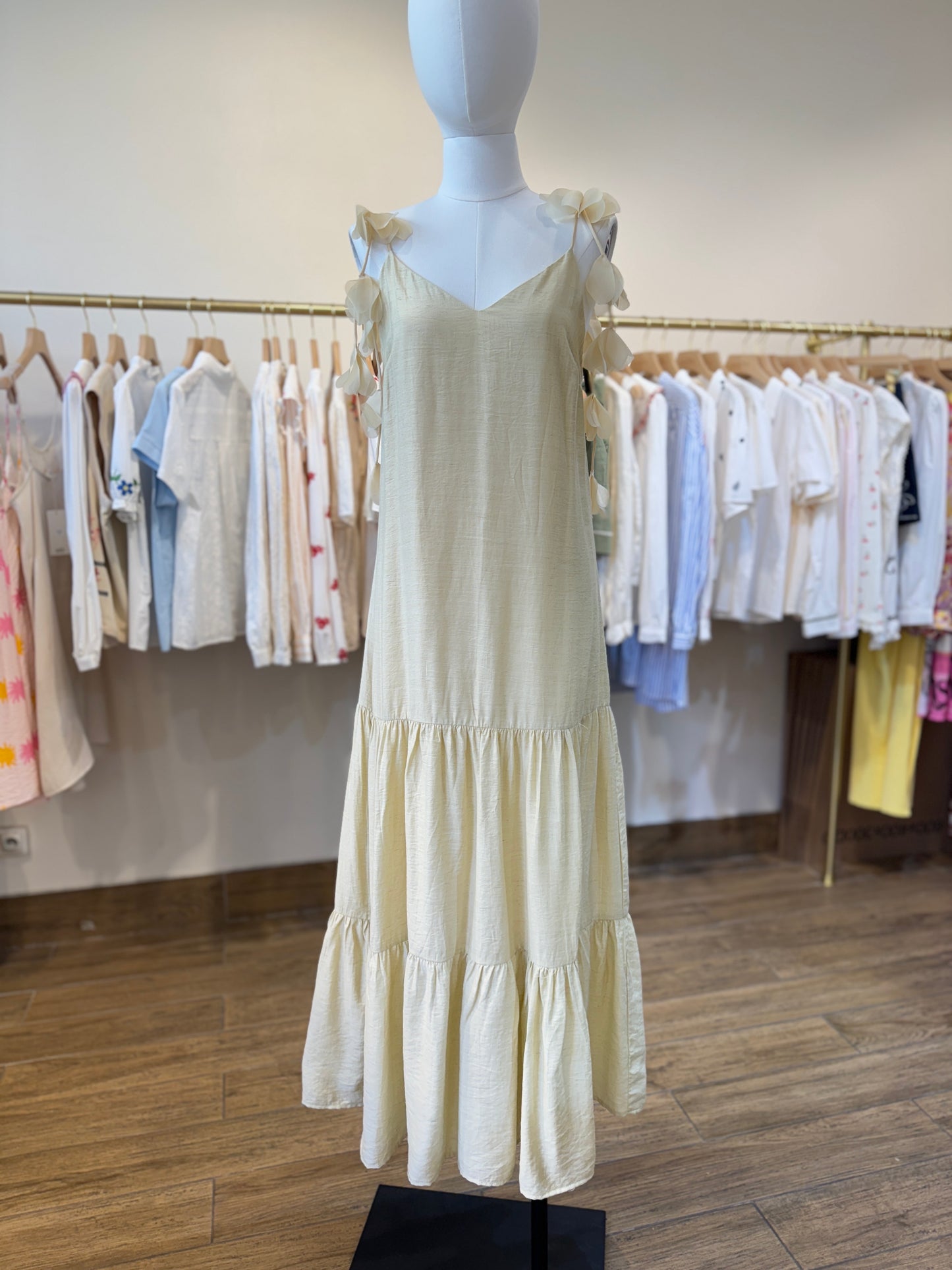 Ella butter yellow decorative floral strap dress