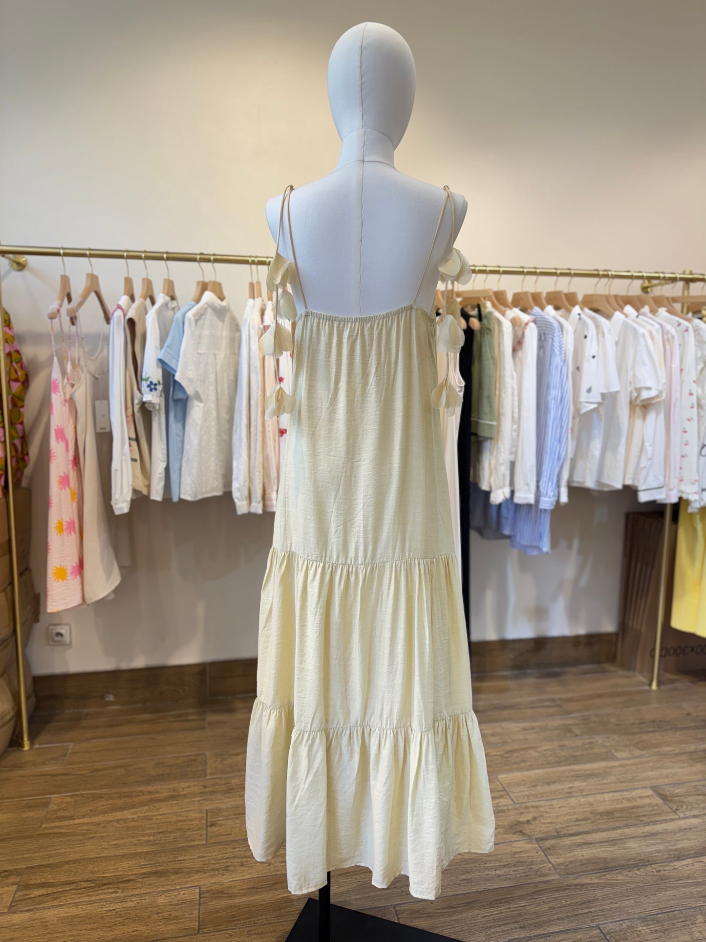Ella butter yellow decorative floral strap dress