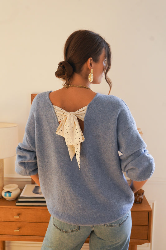Poppy powder blue jumper with polka dot bow