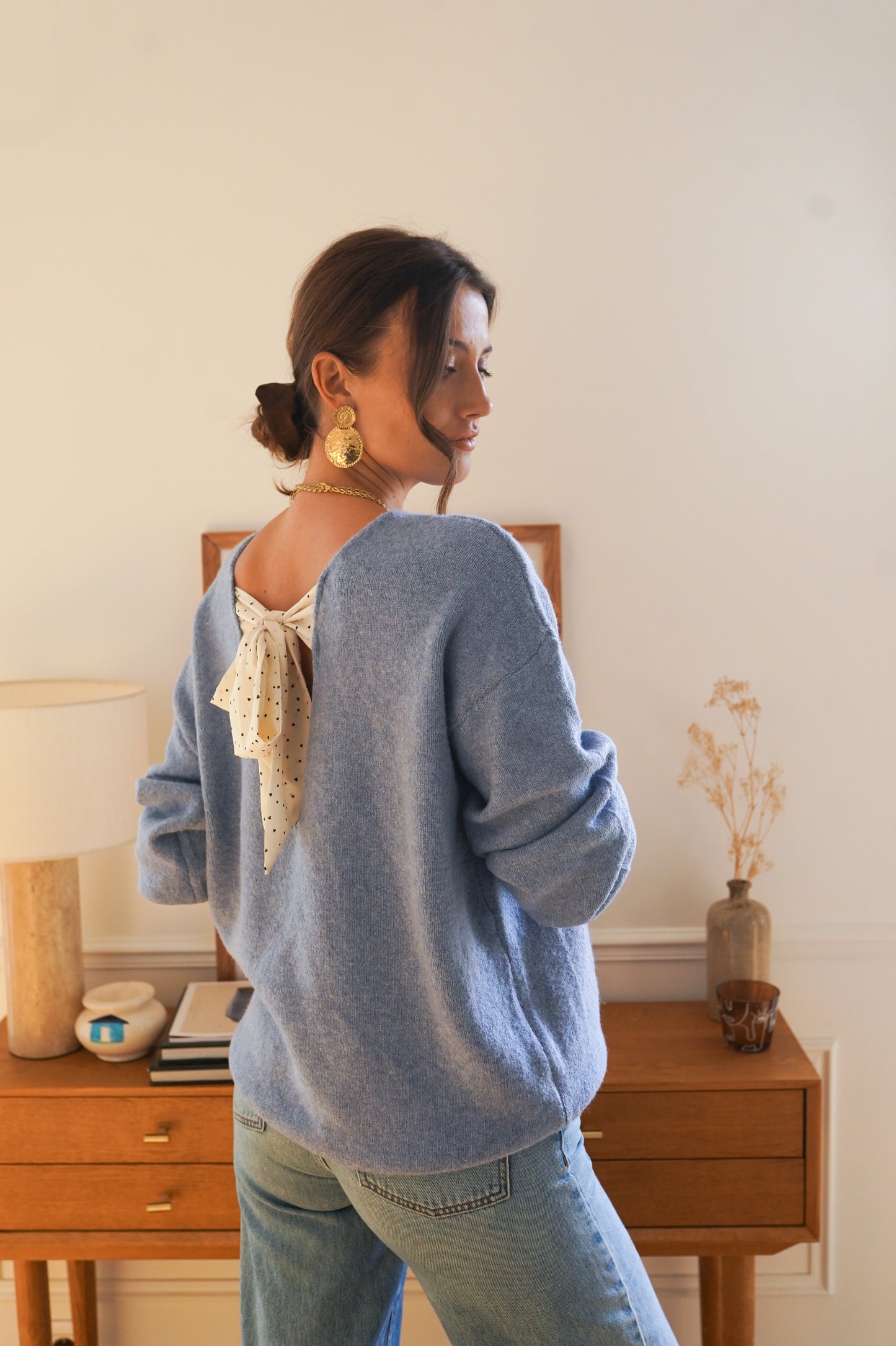 Poppy powder blue jumper with polka dot bow