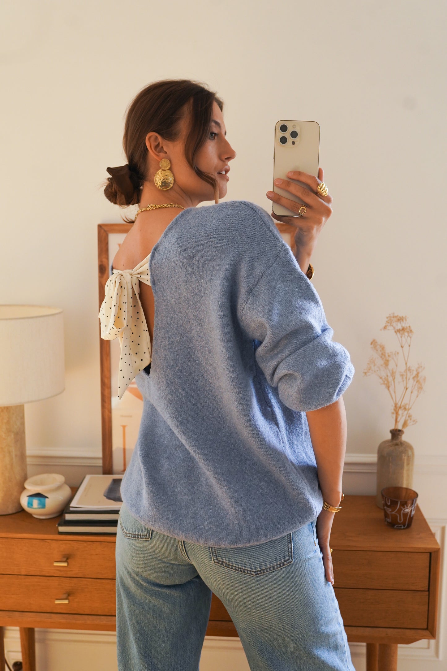 Poppy powder blue jumper with polka dot bow