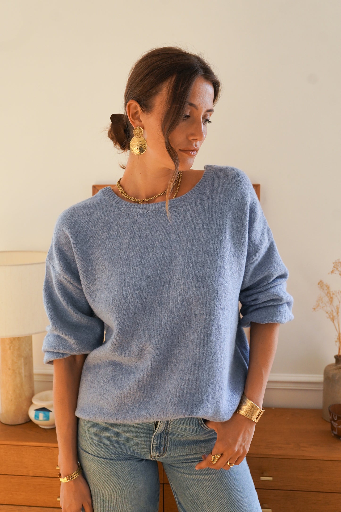Poppy powder blue jumper with polka dot bow