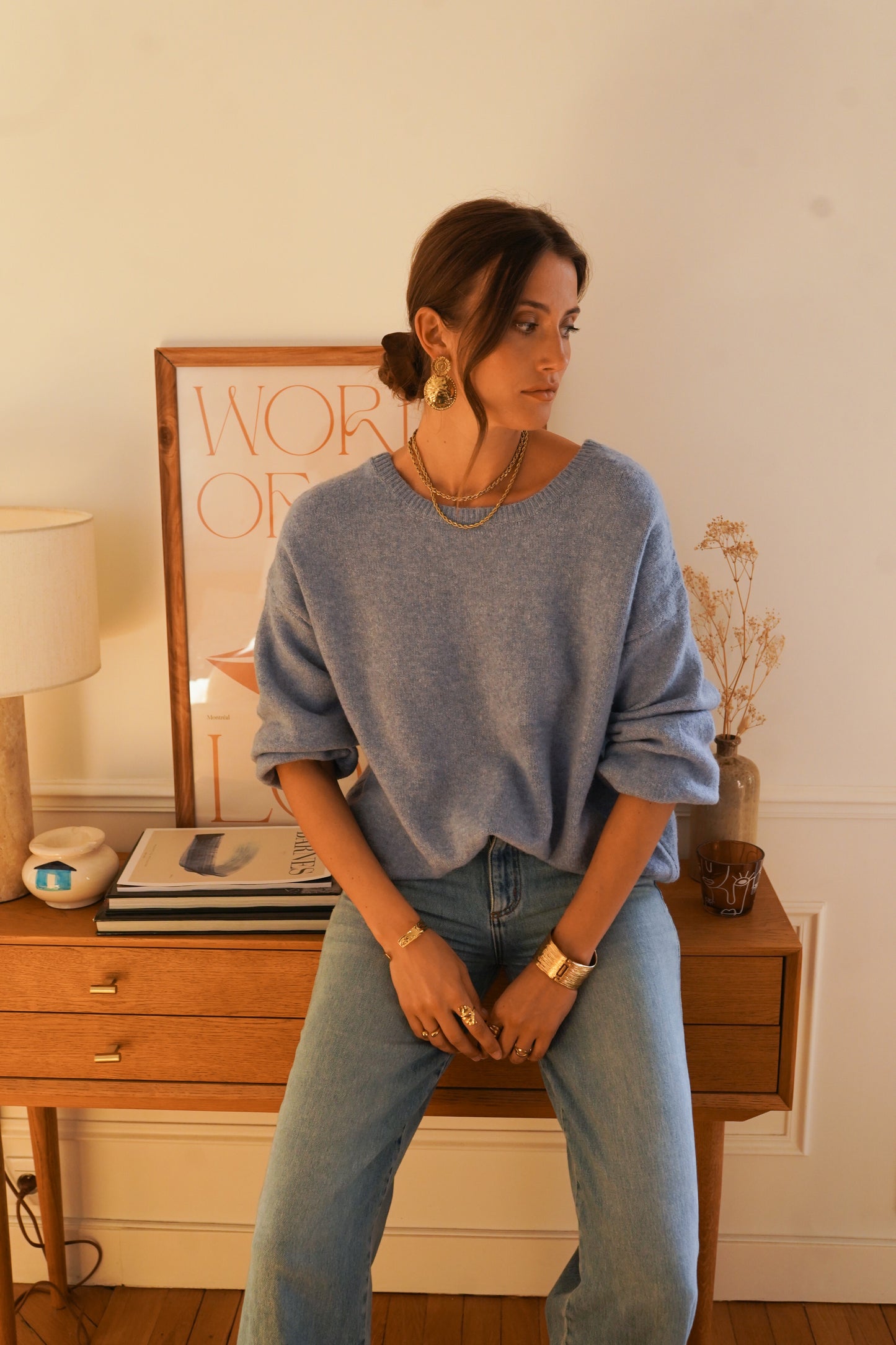 Poppy powder blue jumper with polka dot bow