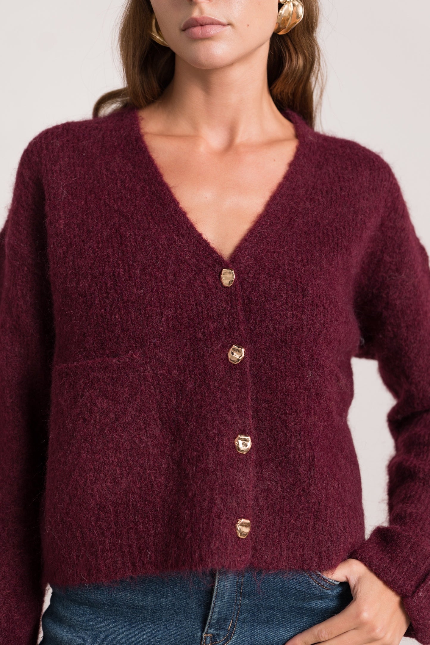 Isla burgundy gold button cardigan