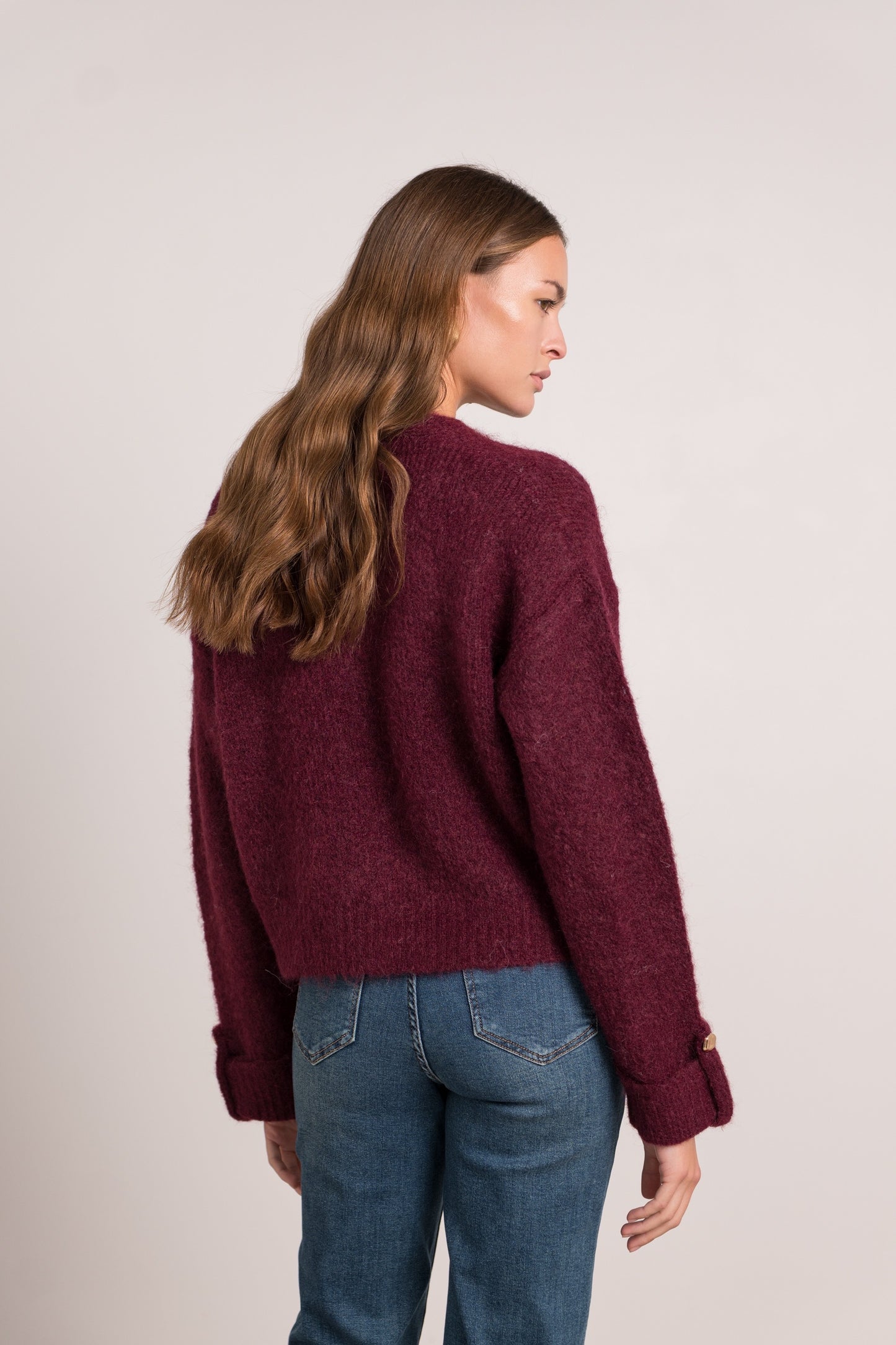 Isla burgundy gold button cardigan