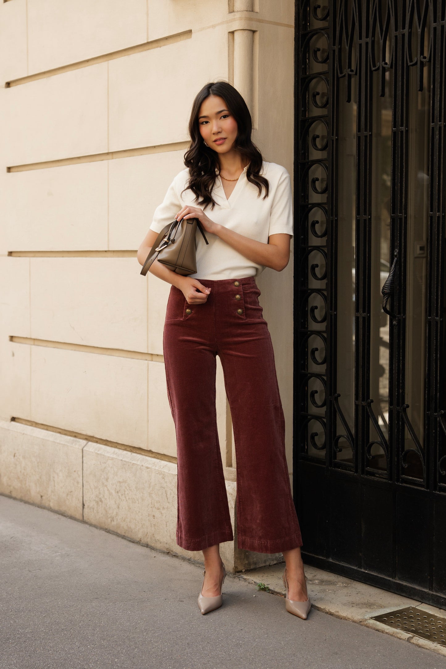 Victo Wide leg pink cords with gold front buttons