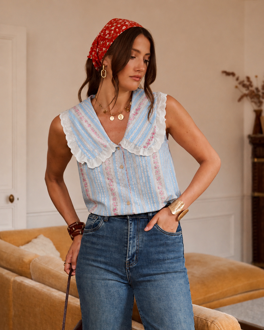 Martine blue floral Peter Pan sleeveless blouse