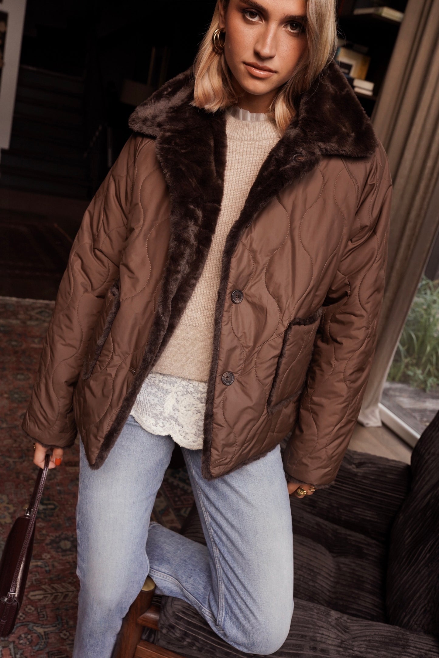 Edith chocolate brown padded faux fur coat (reversible)