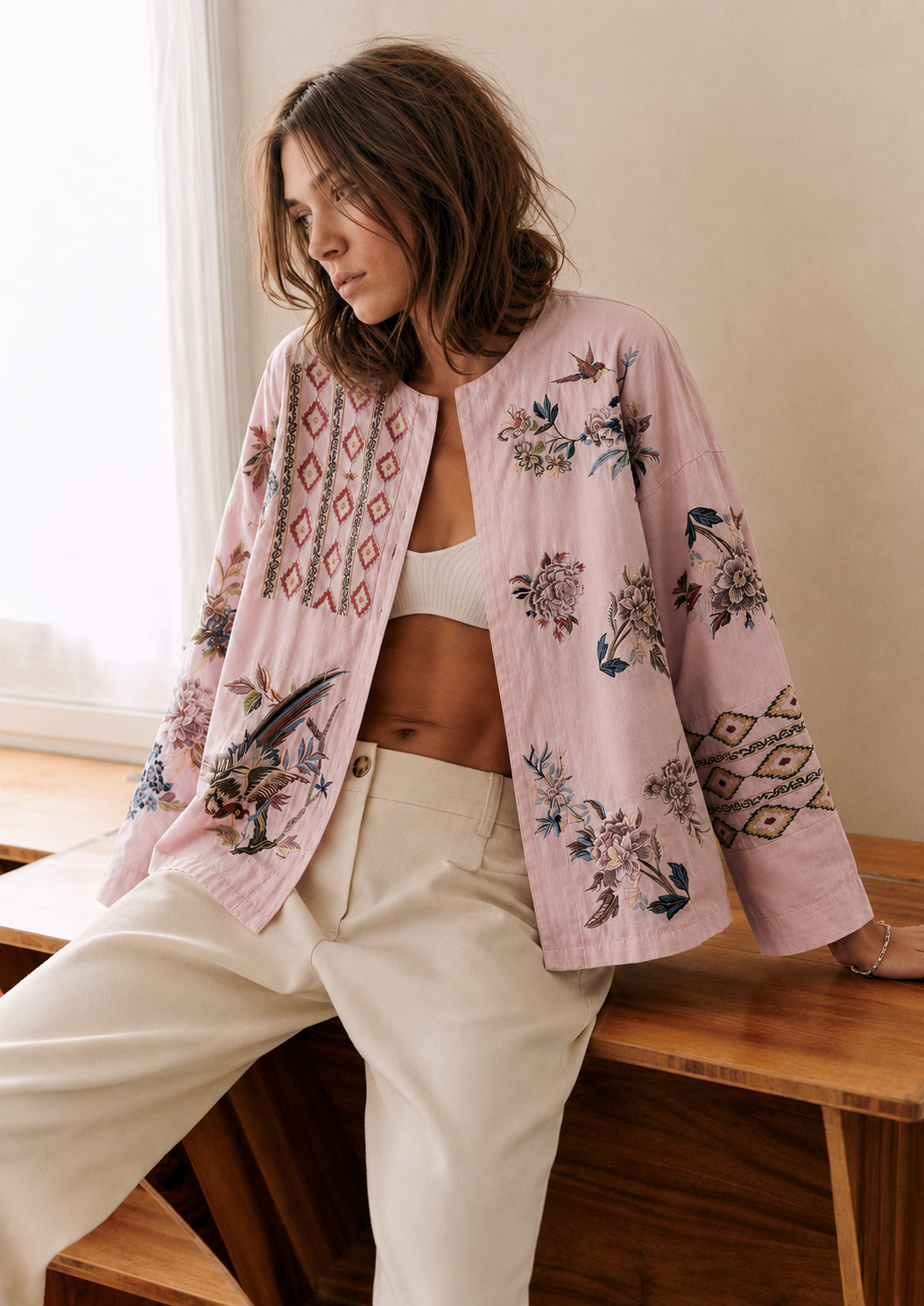 Ellie pink wash embroidered denim jacket