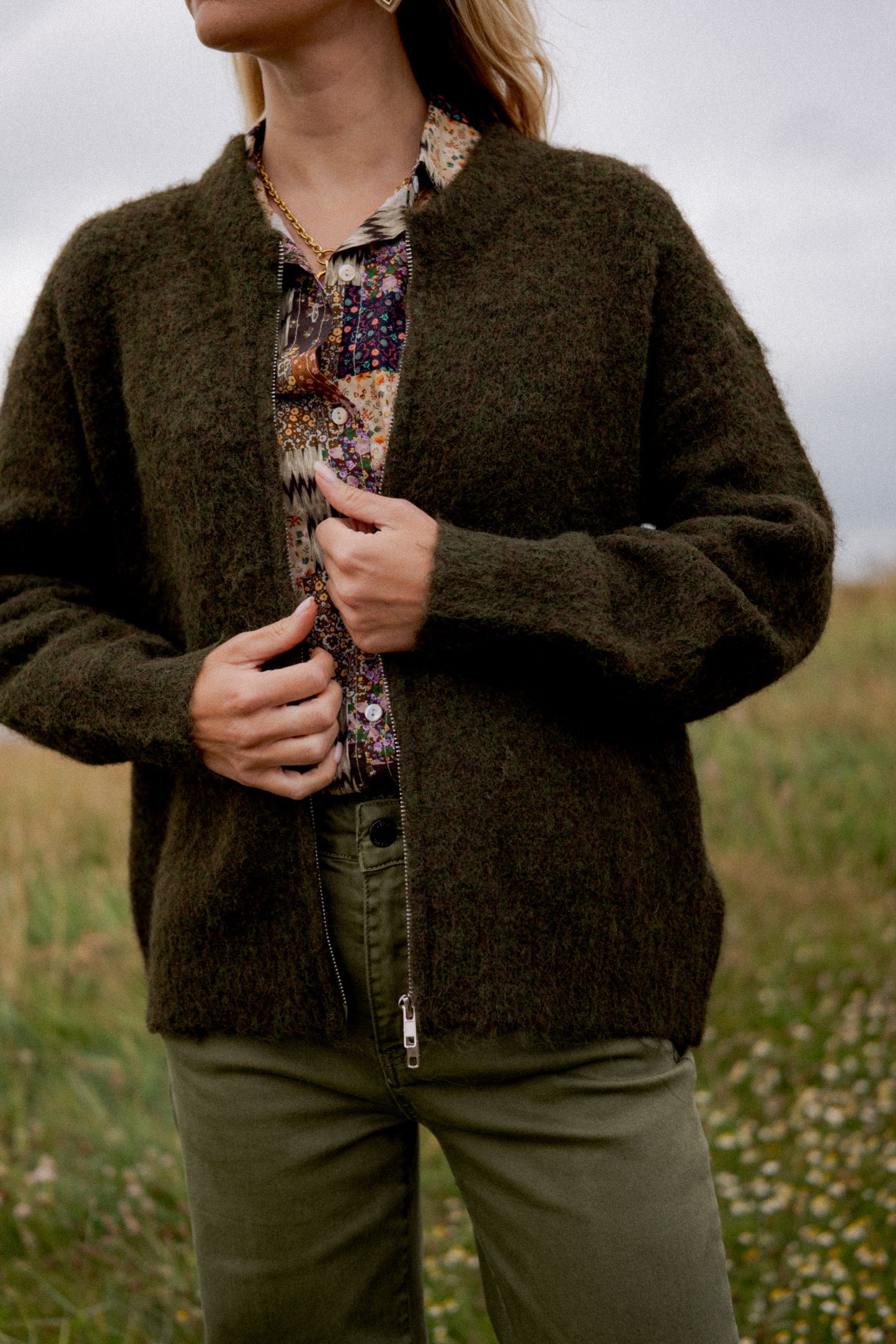 Tara green boucle zip cardigan