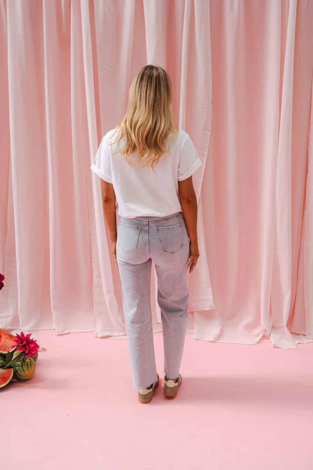 Floral embroidered light wash wide/straight leg jeans