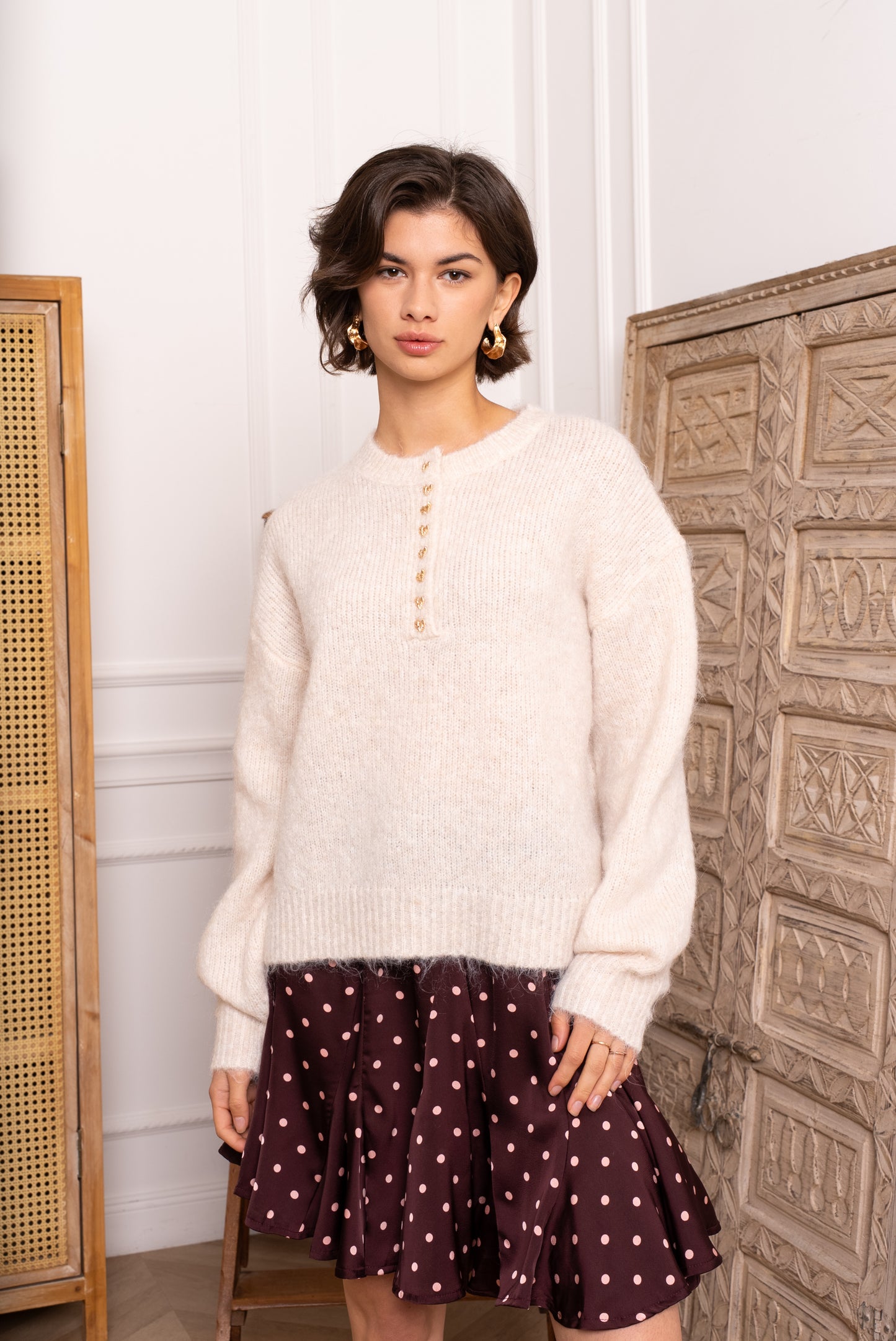 Iris gold heart buttoned ivory jumper