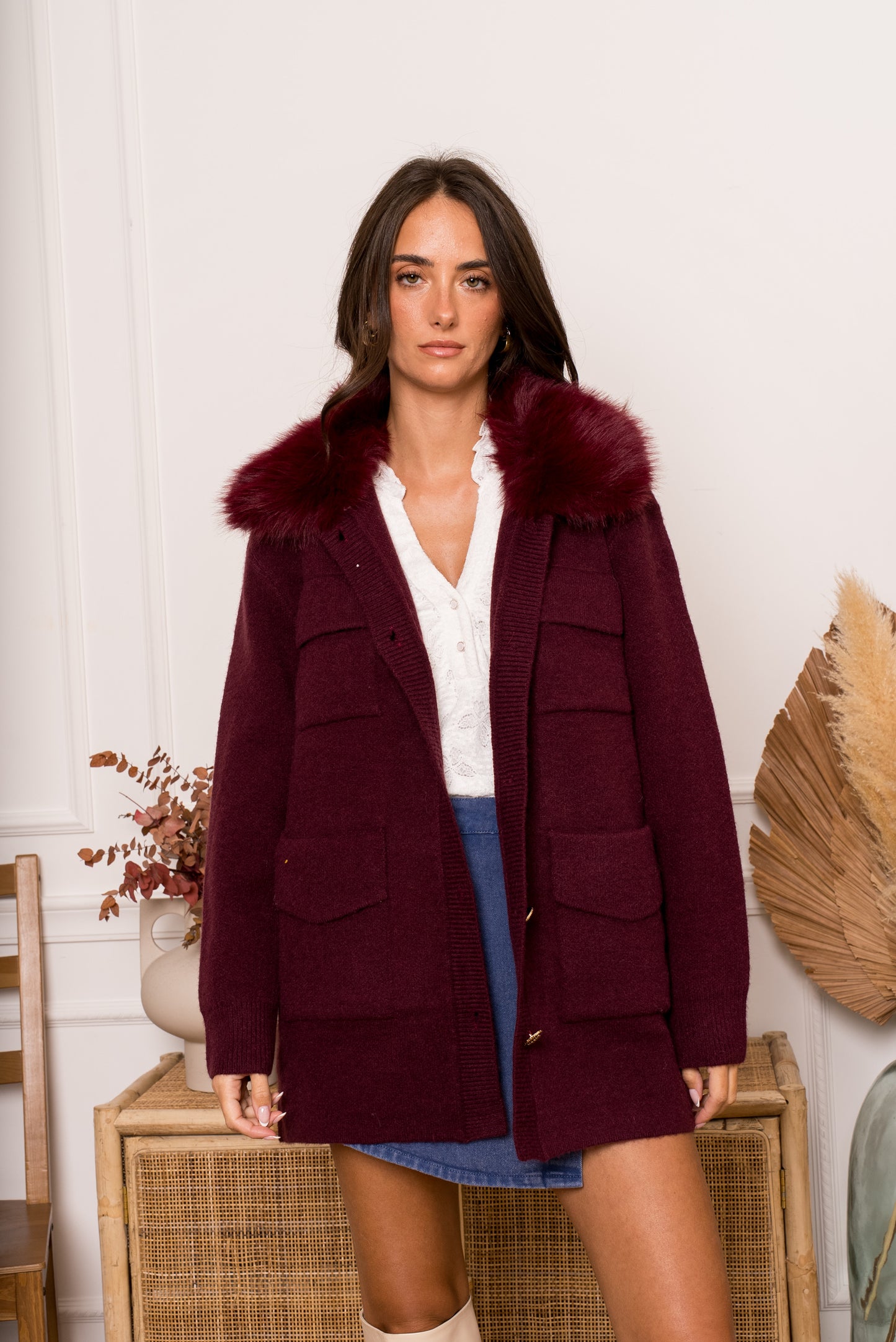 Elodie burgundy fur collar long cardigan