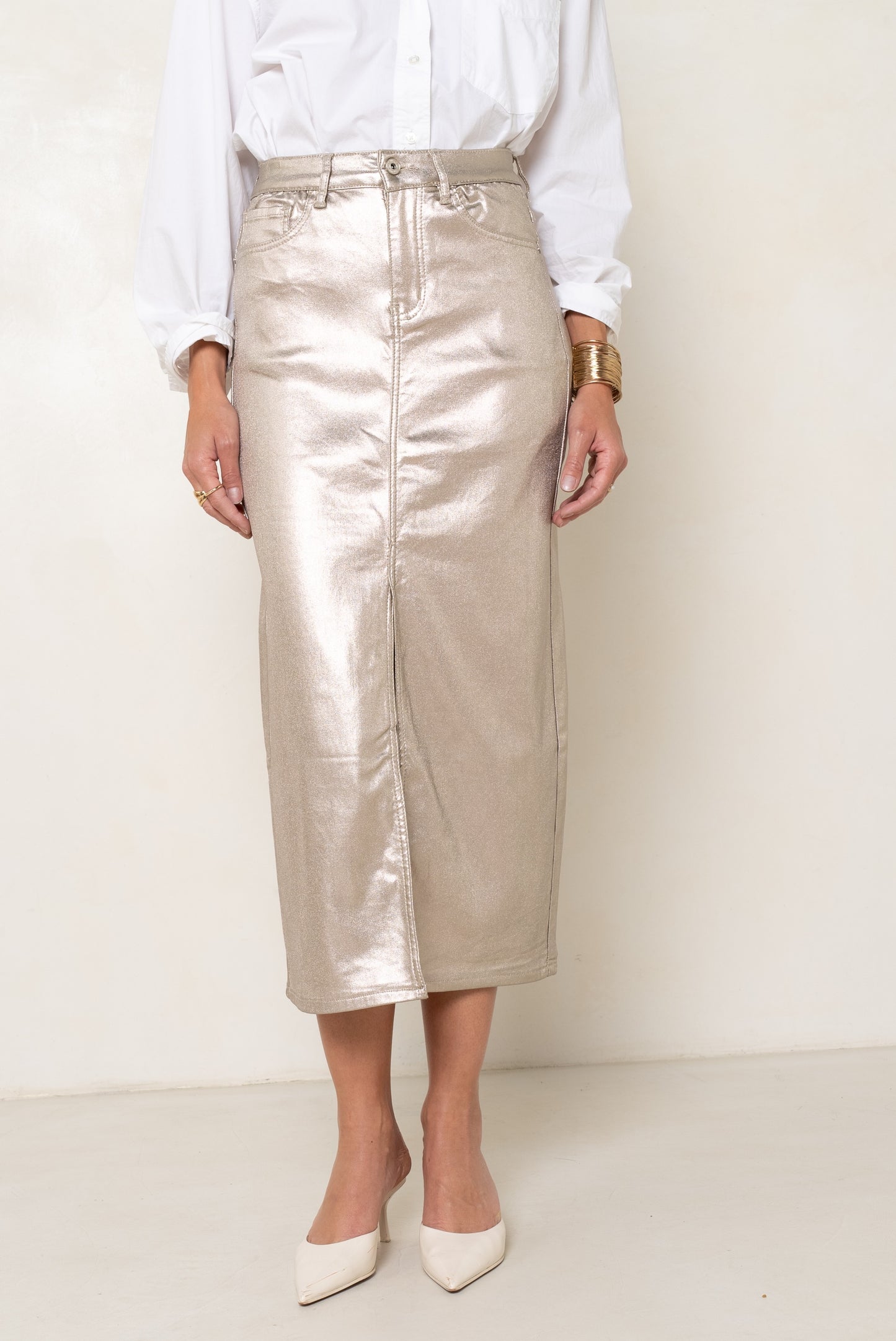Silver metallic midi skirt