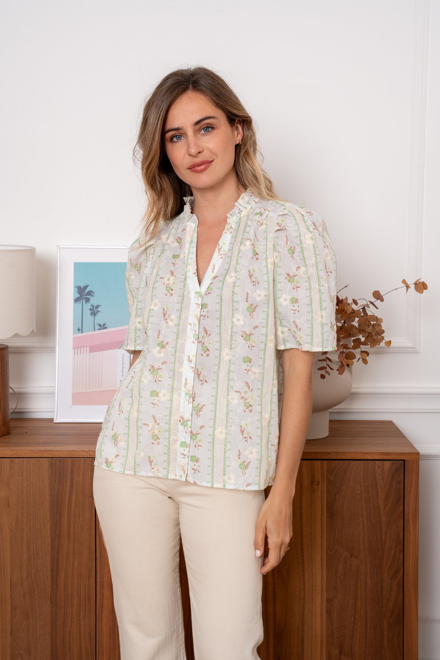 Rosemary sage green floral stripe blouse