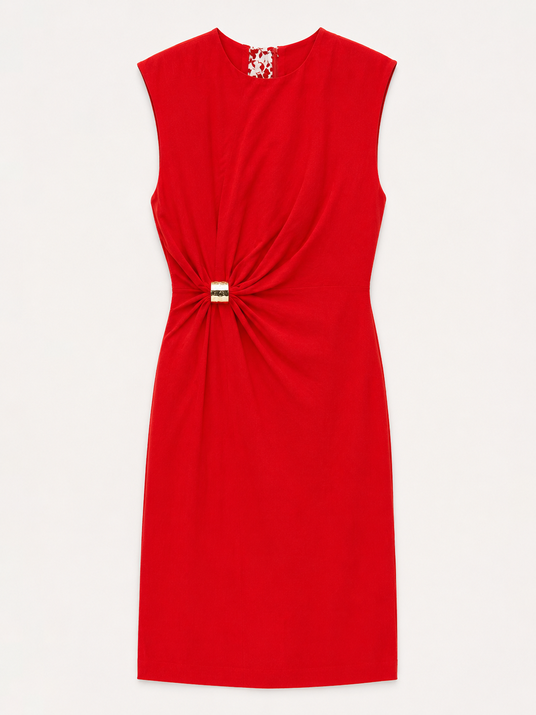 Tara red draped gold buckle dress