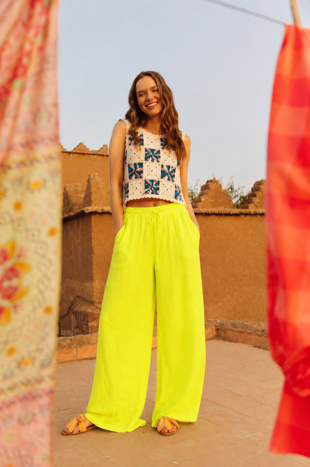 Neon yellow cheesecloth trousers