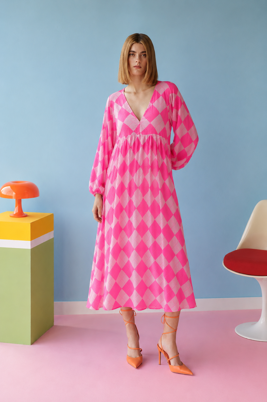 Celeste oversized checkered neon pink dress
