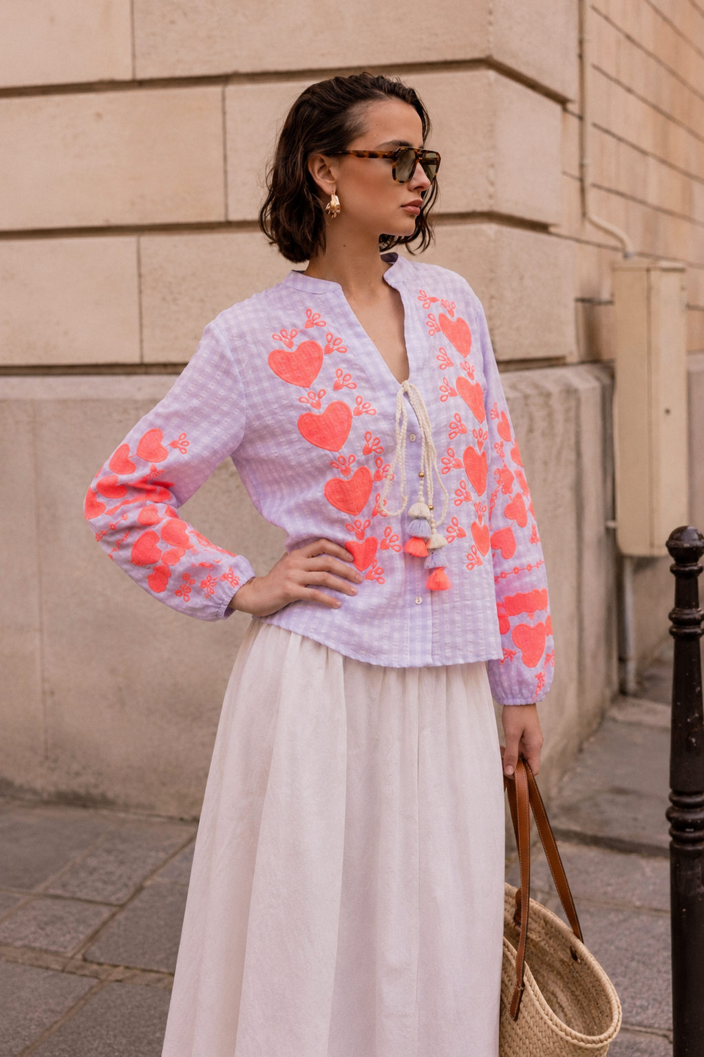 Julie gingham embroidered tassel blouse