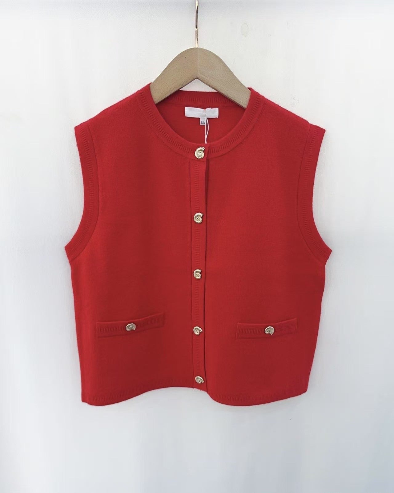 Shells gold button red knit waistcoat