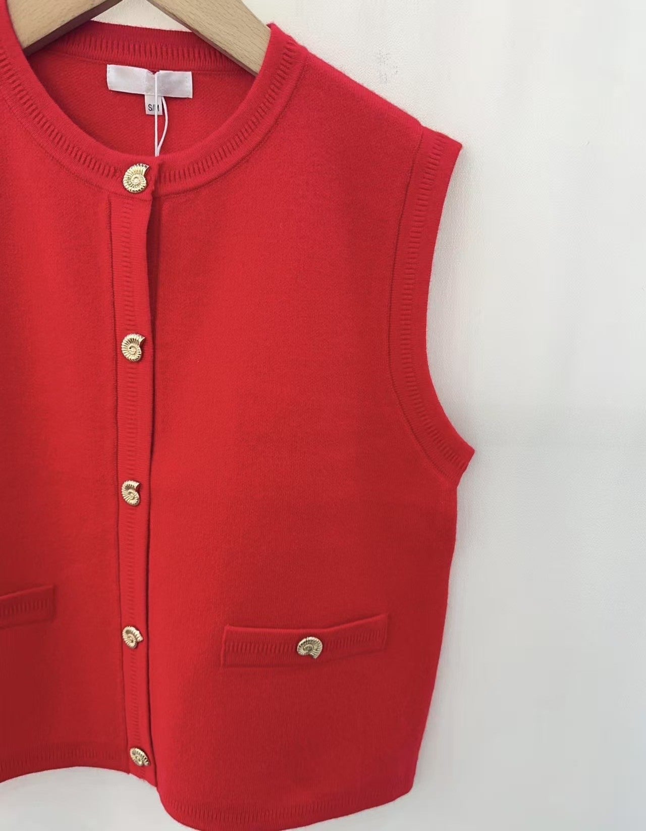 Shells gold button red knit waistcoat