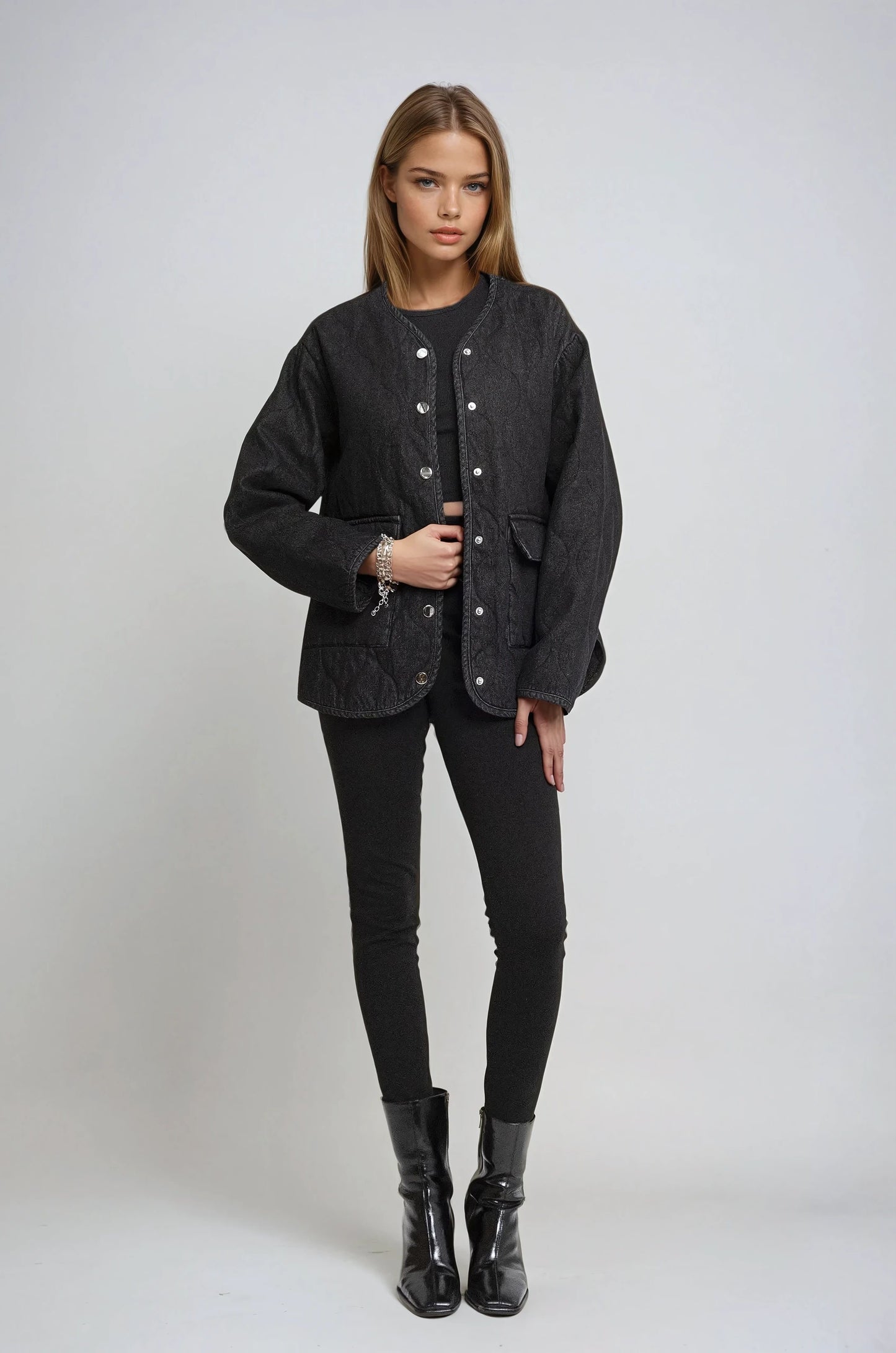 Tara black quilted denim shirt jacket