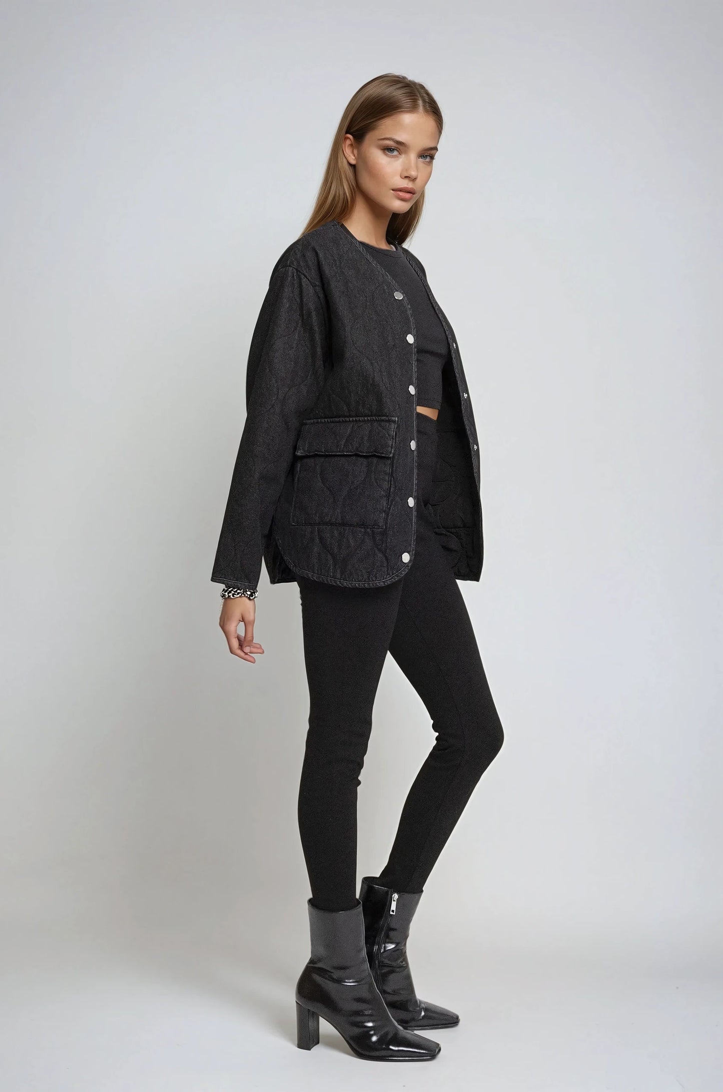 Tara black quilted denim shirt jacket