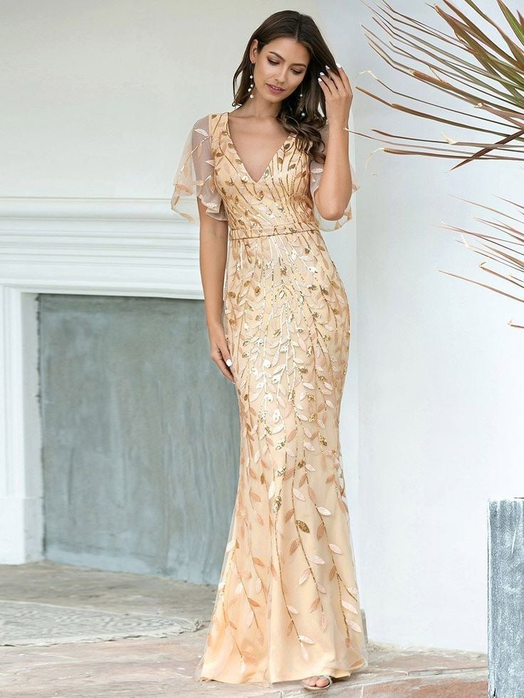 Adelyn Flutter Sleeve Sequin Leaf Design Evening Dress
