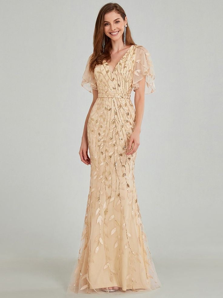 Adelyn Flutter Sleeve Sequin Leaf Design Evening Dress