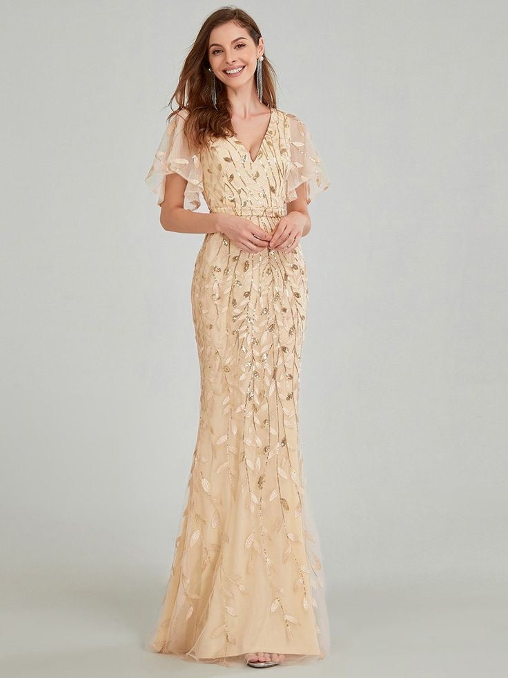 Adelyn Flutter Sleeve Sequin Leaf Design Evening Dress