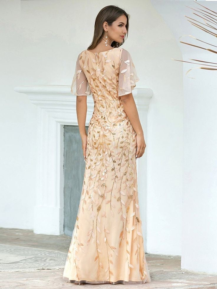Adelyn Flutter Sleeve Sequin Leaf Design Evening Dress