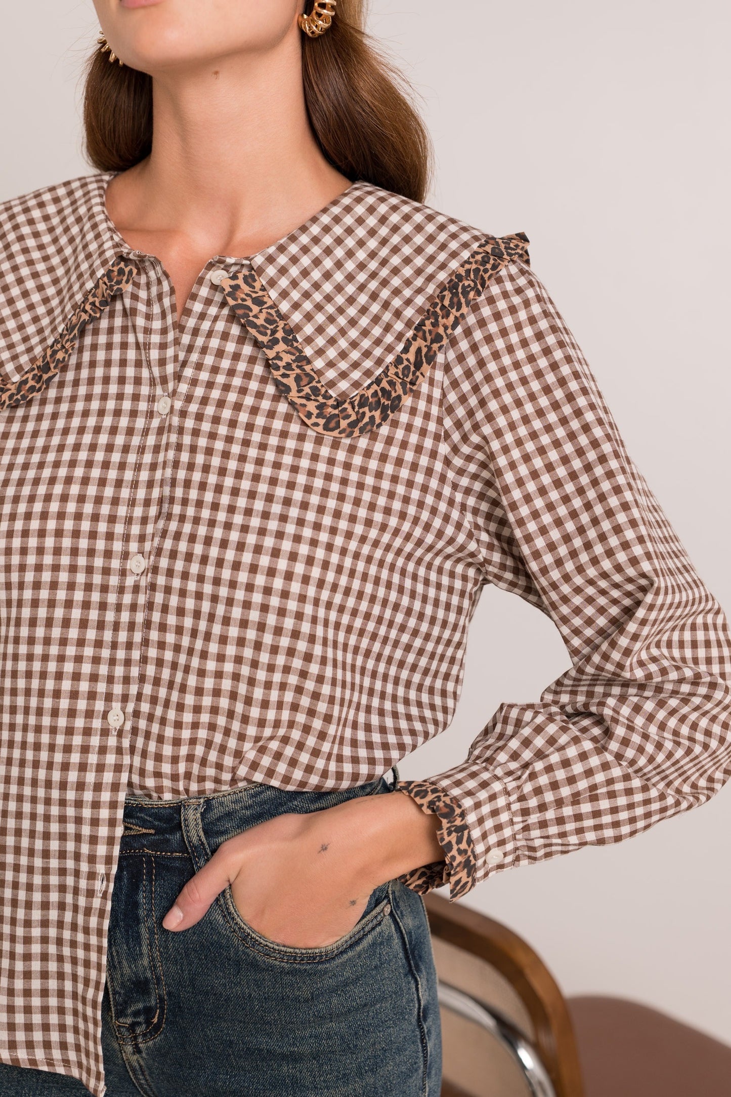 Ruby brown gingham leopard trim blouse