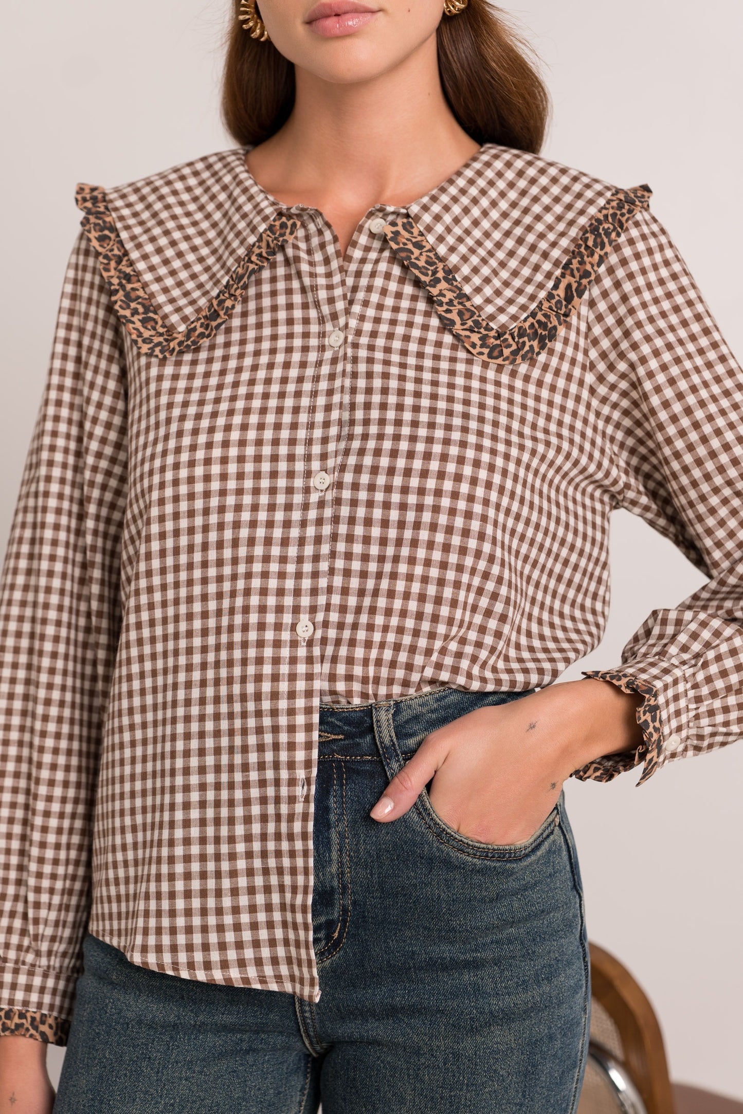 Ruby brown gingham leopard trim blouse
