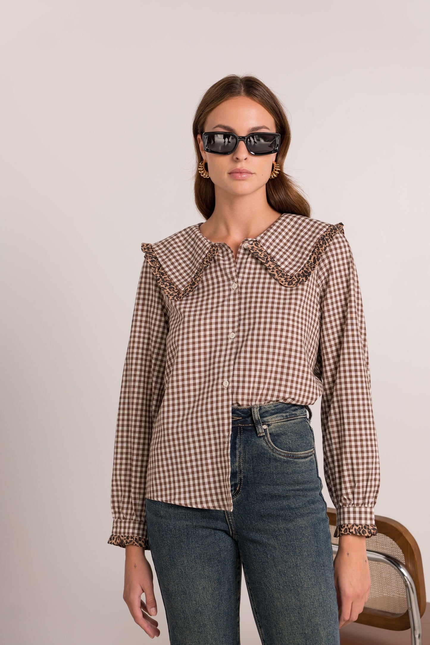 Ruby brown gingham leopard trim blouse