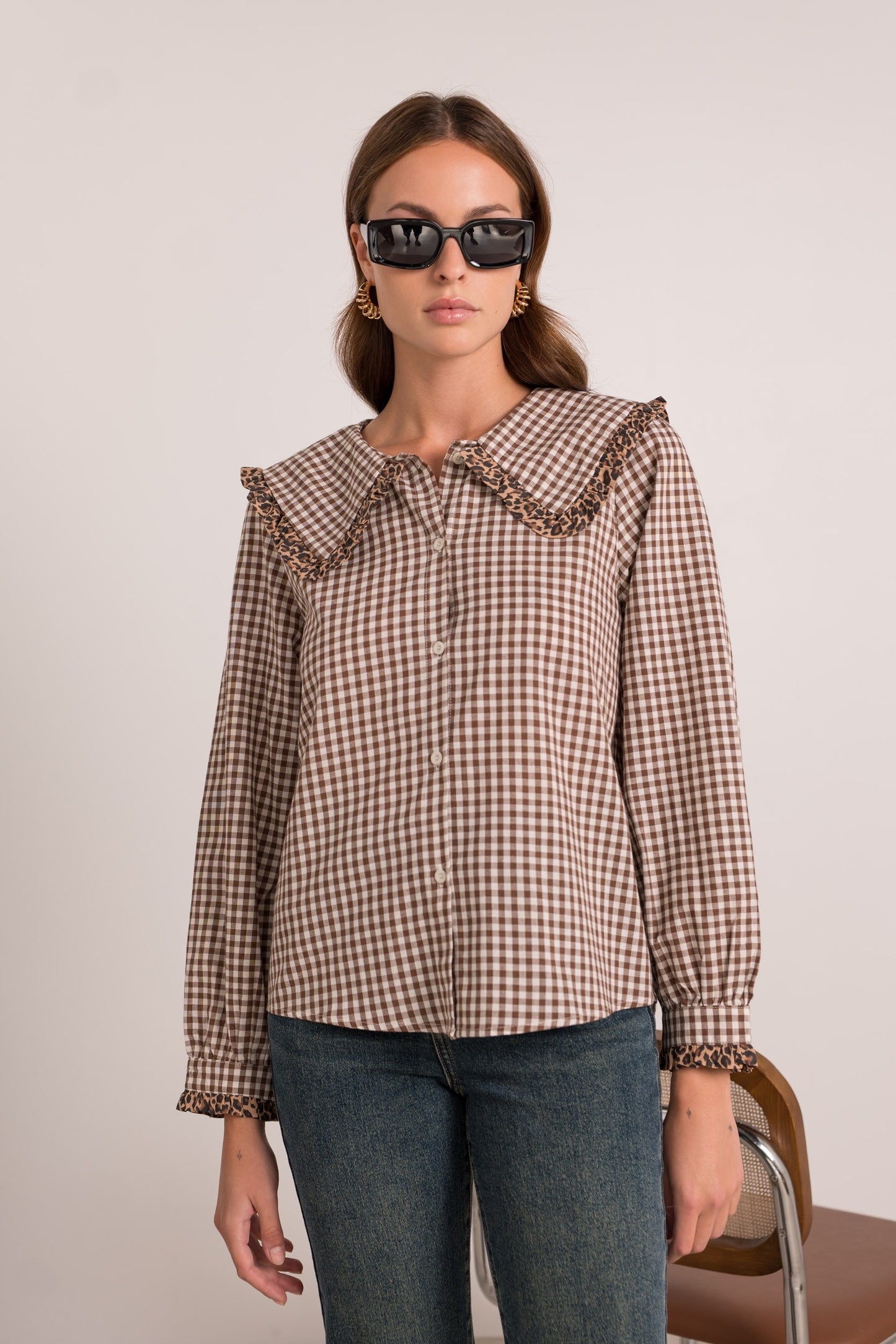 Ruby brown gingham leopard trim blouse