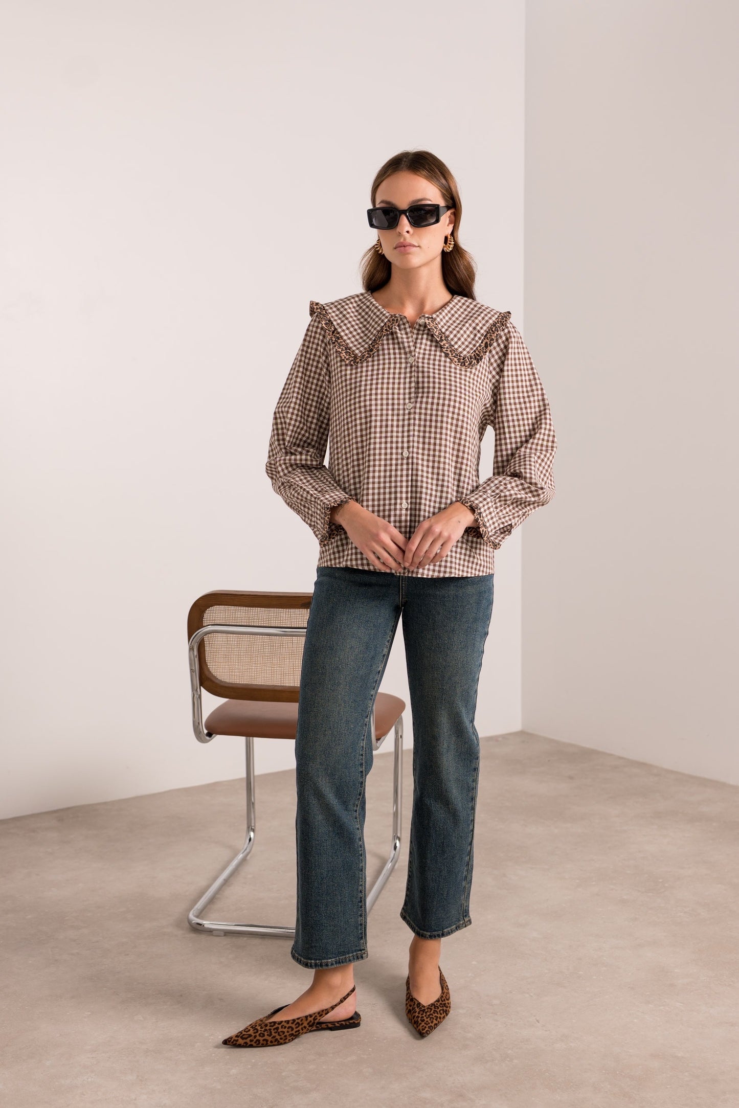 Ruby brown gingham leopard trim blouse