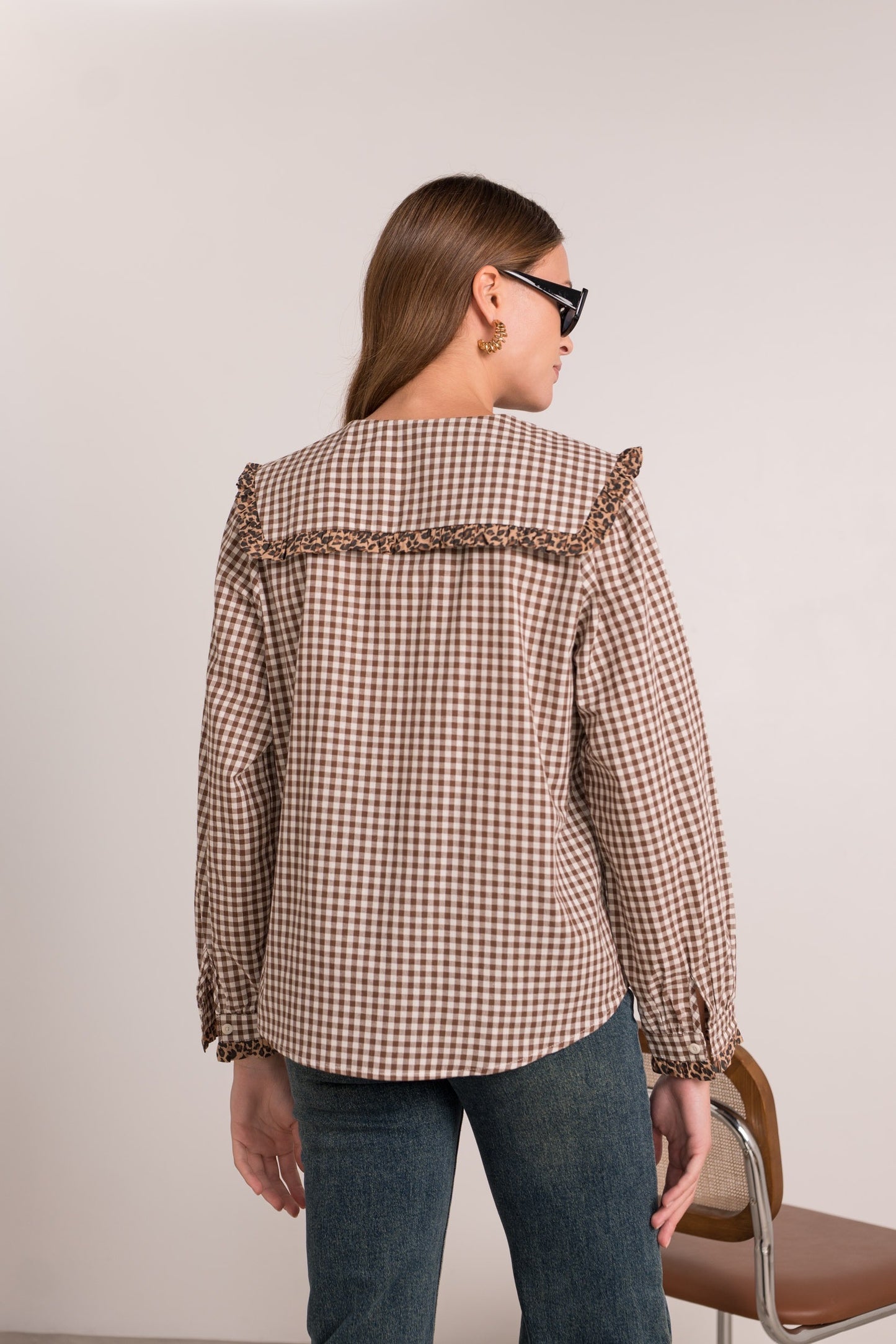 Ruby brown gingham leopard trim blouse