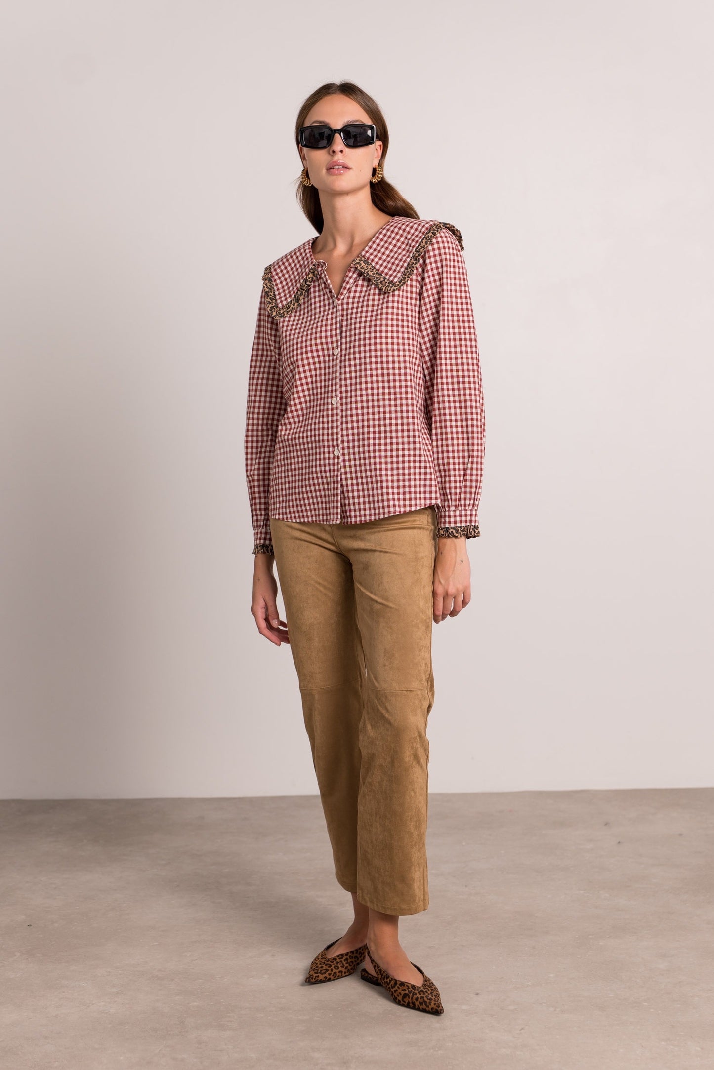 Ruby red gingham leopard trim blouse