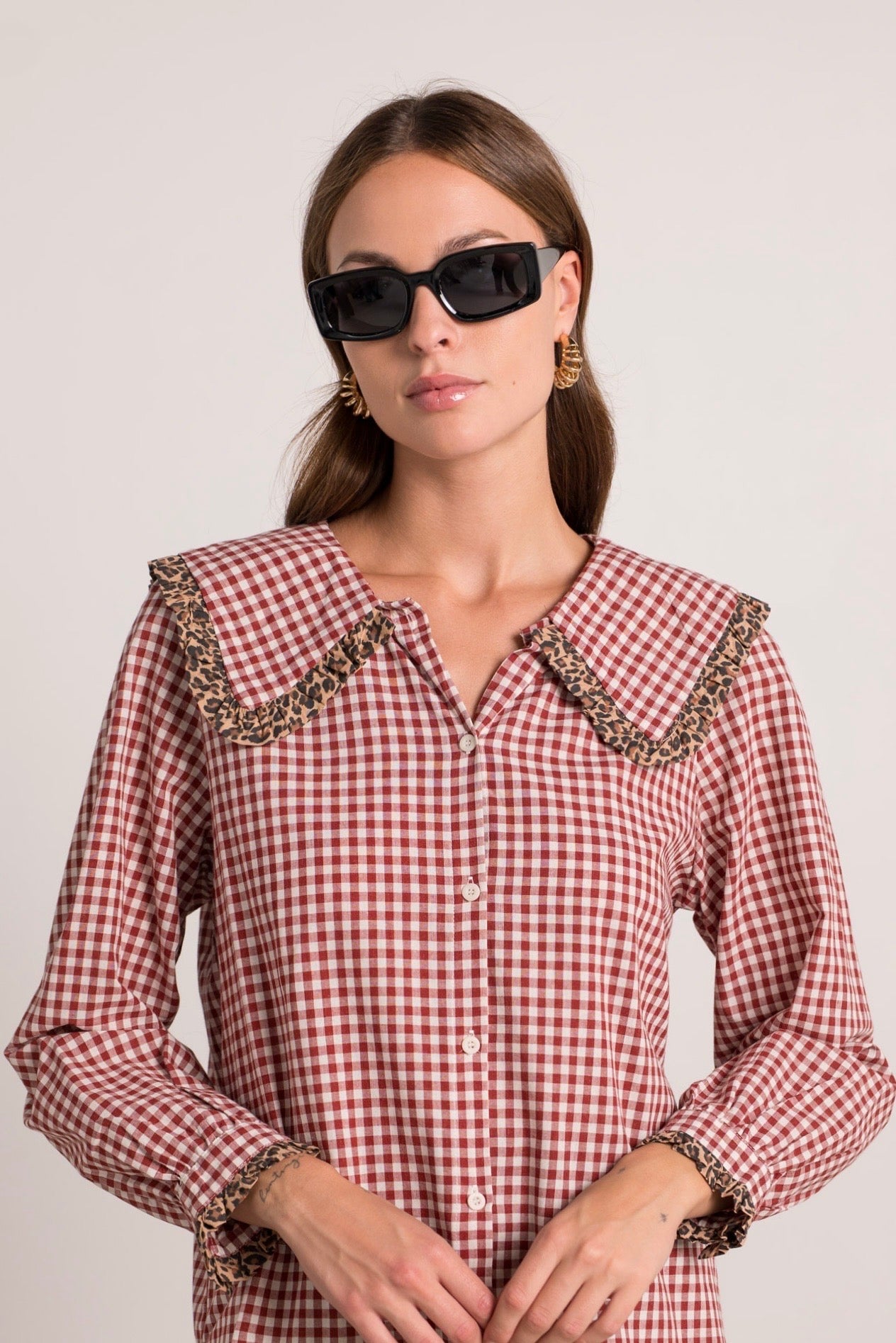 Ruby red gingham leopard trim blouse