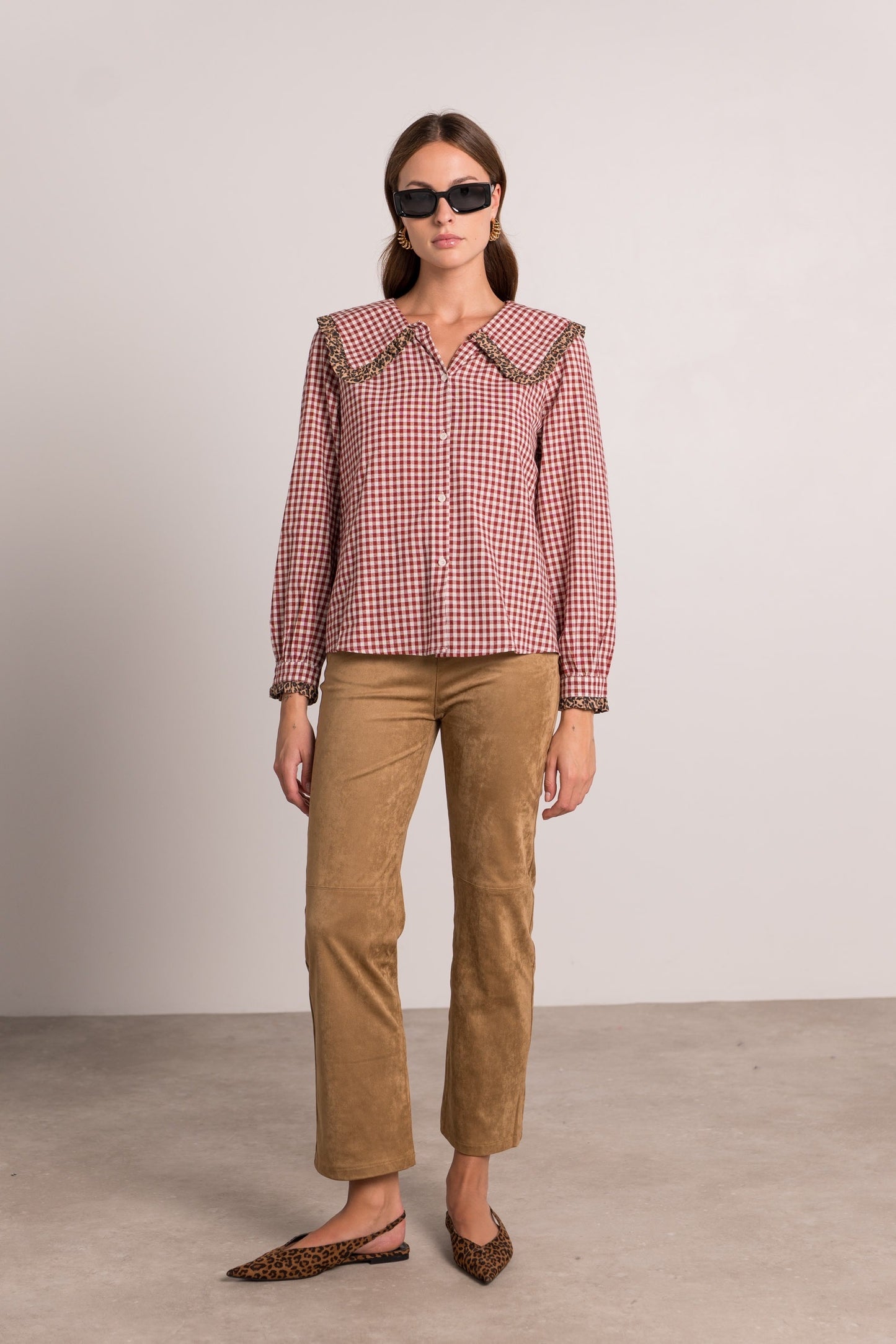 Ruby red gingham leopard trim blouse
