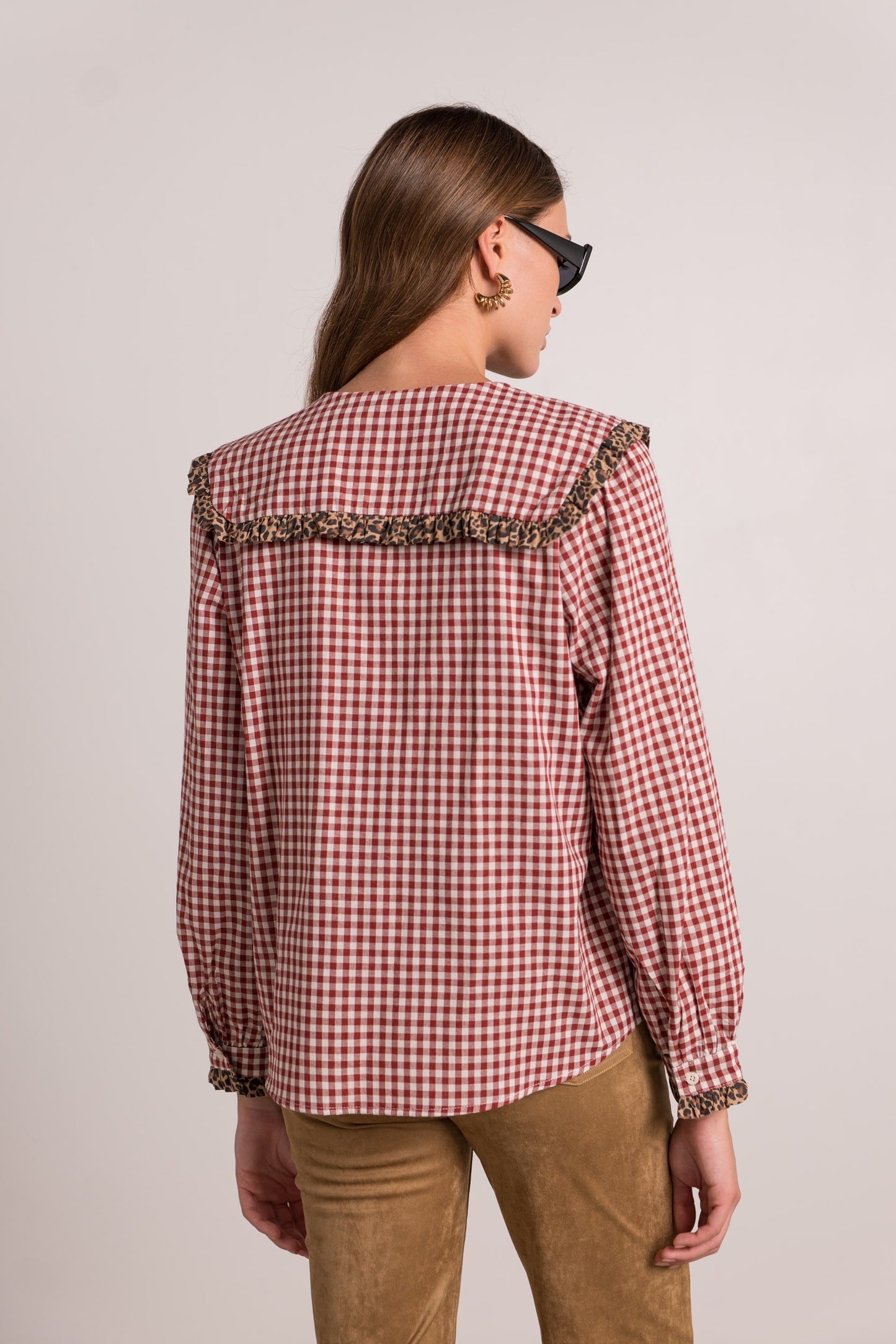 Ruby red gingham leopard trim blouse