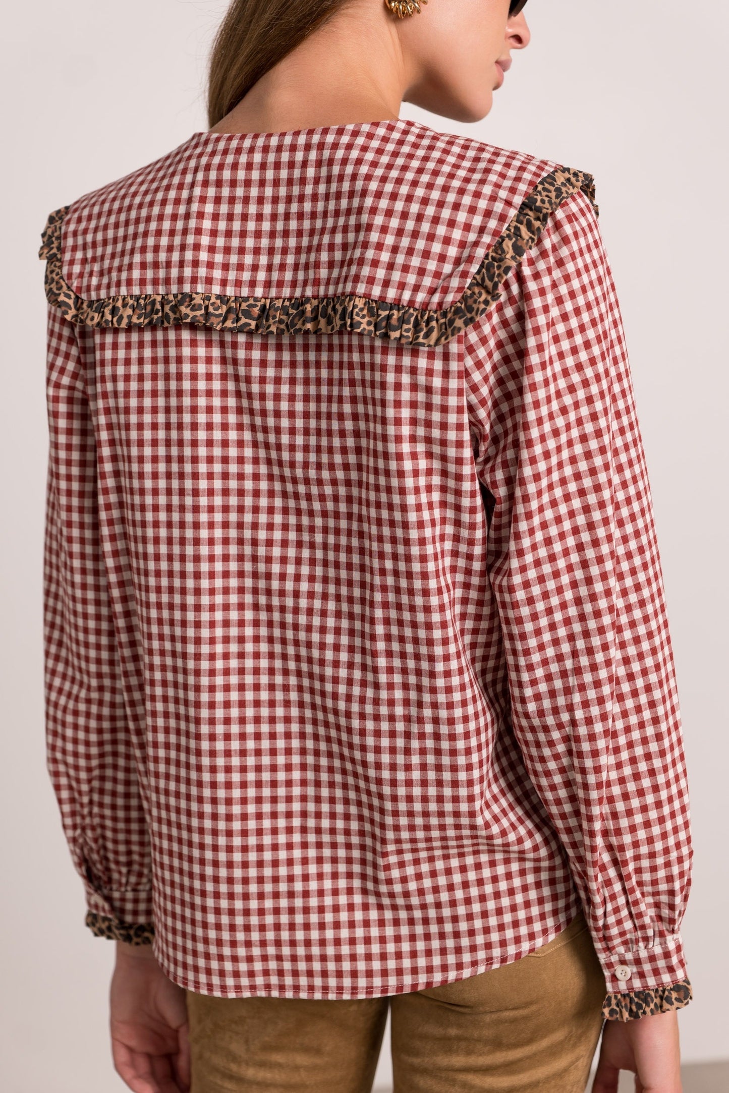 Ruby red gingham leopard trim blouse